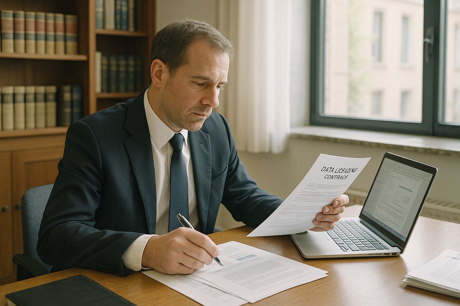 Lawyer reviewing data licensing contracts at a desk with a laptop in a bright law office
