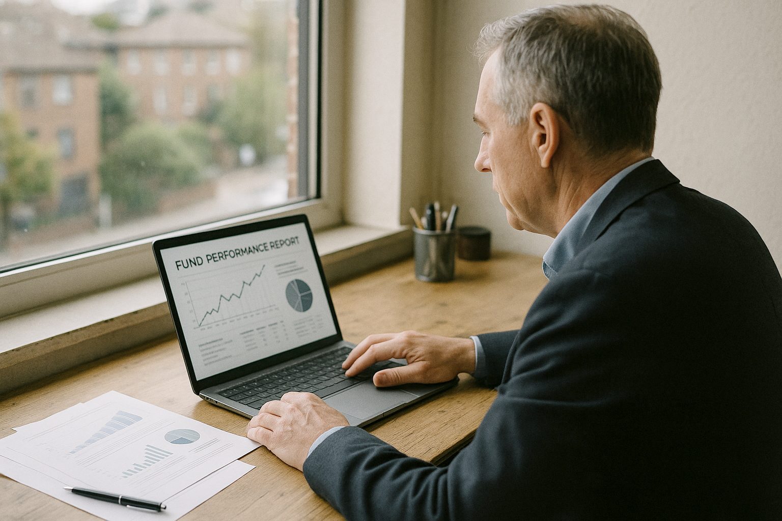 Limited partner reviewing a fund performance report on a laptop at a desk by a window