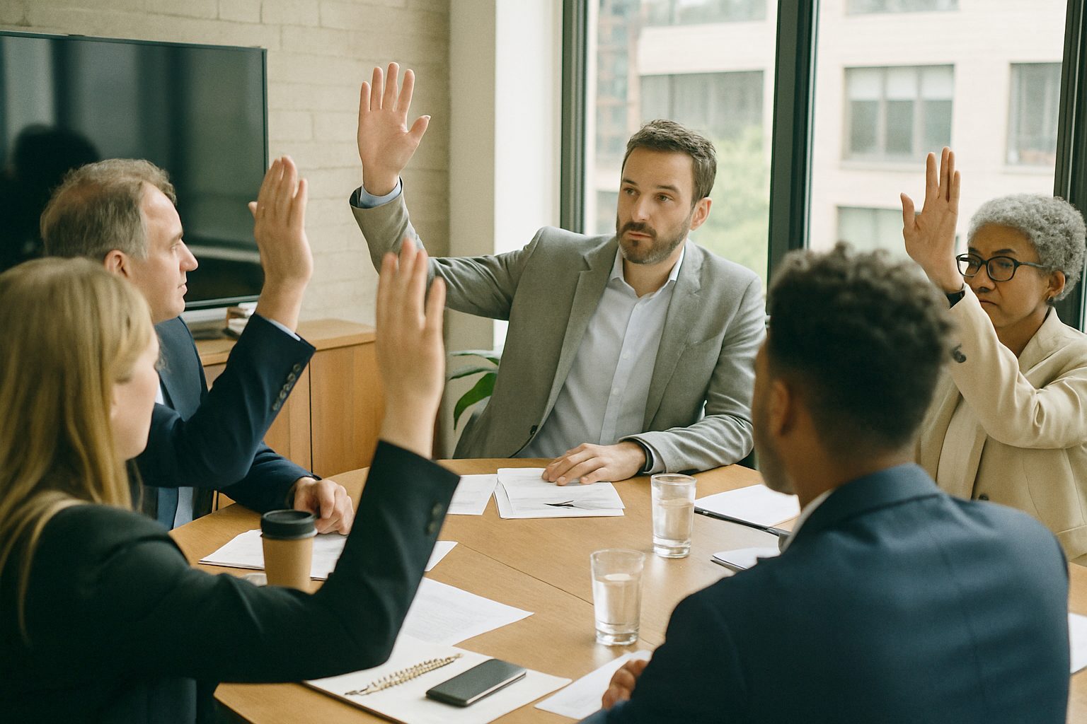 Founder and board members voting by show of hands at a boardroom table