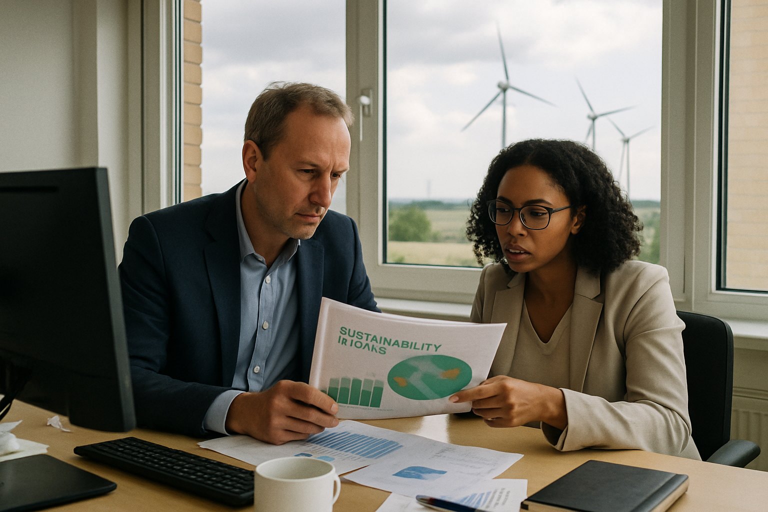 Fund analysts reviewing a sustainability report in a bright European office with wind turbines outside