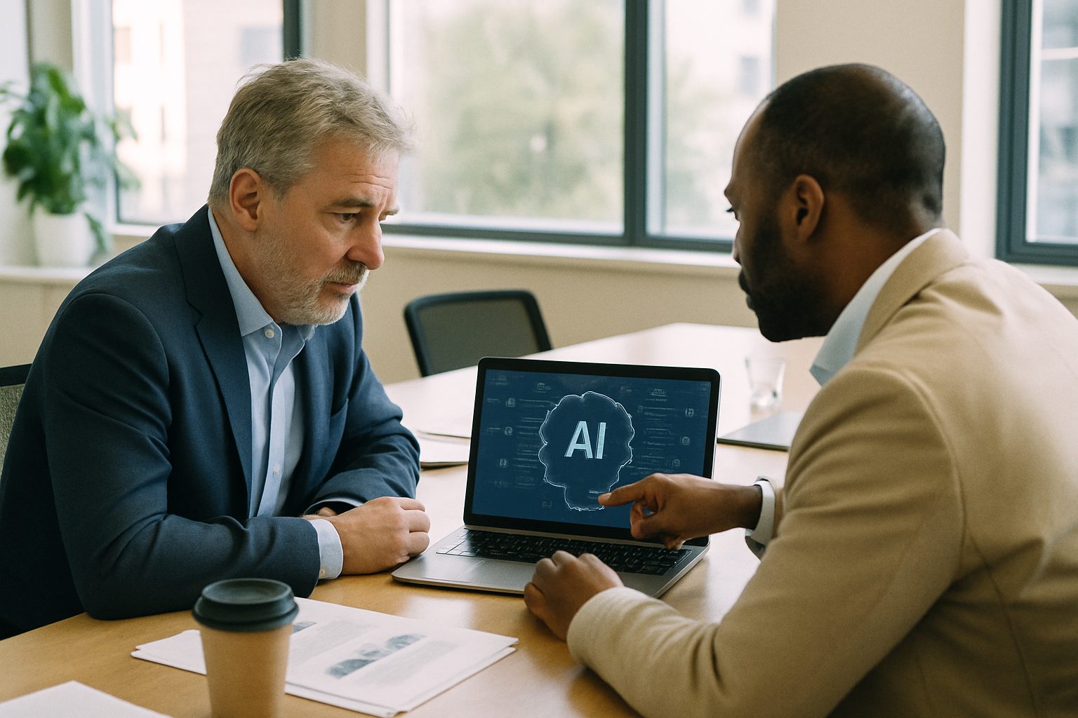 Investor and founder reviewing an AI product demo on a laptop in a bright meeting room