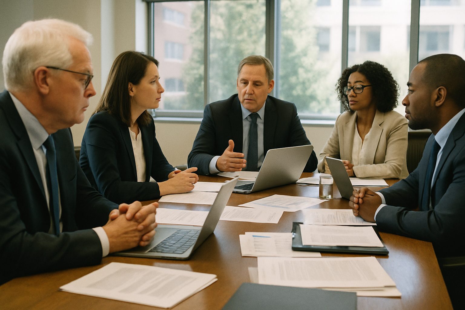 Investment committee meeting in a bright boardroom, papers and laptops on a long table