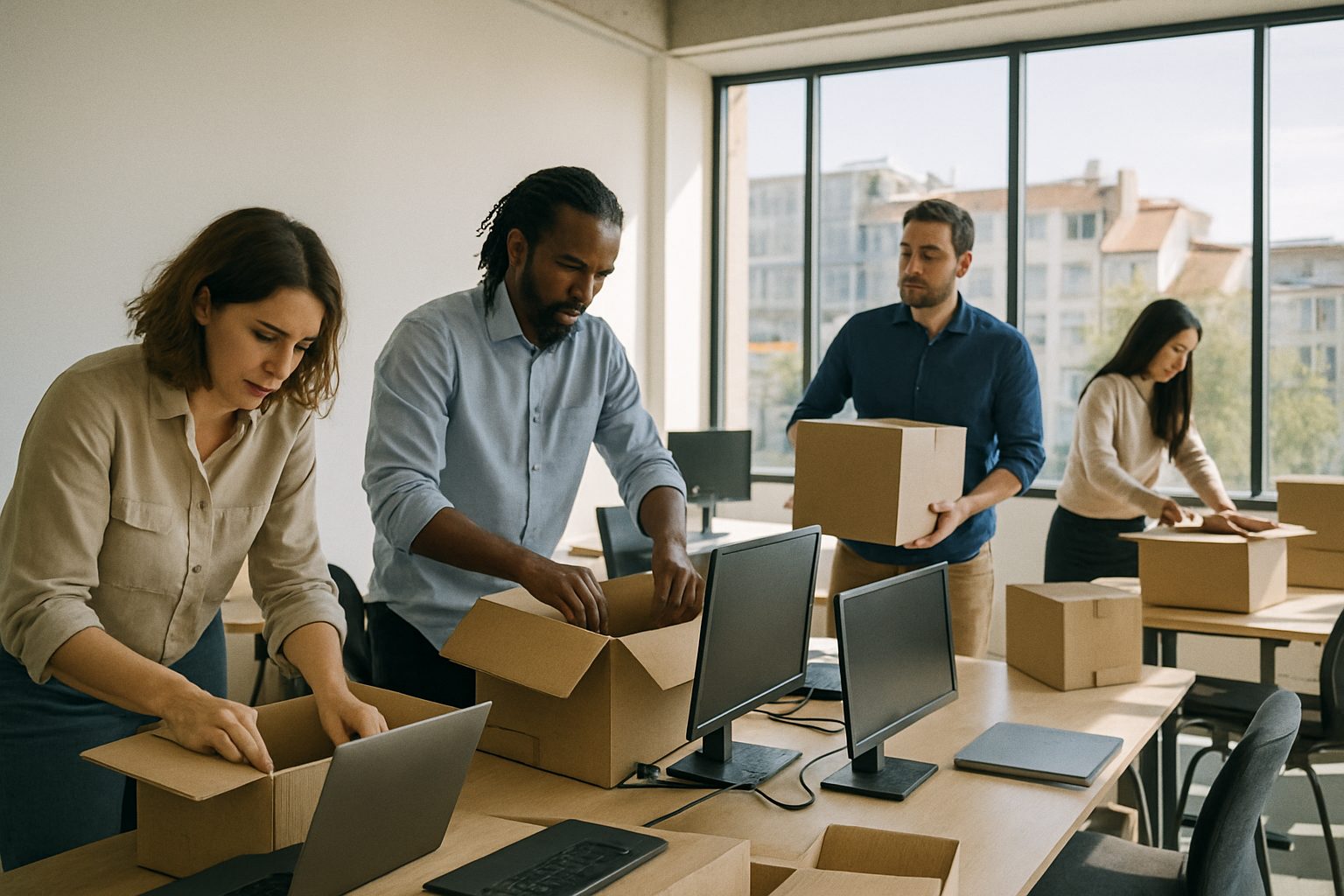 Startup team unpacking boxes in a new sunlit office abroad, laptops and monitors being set up