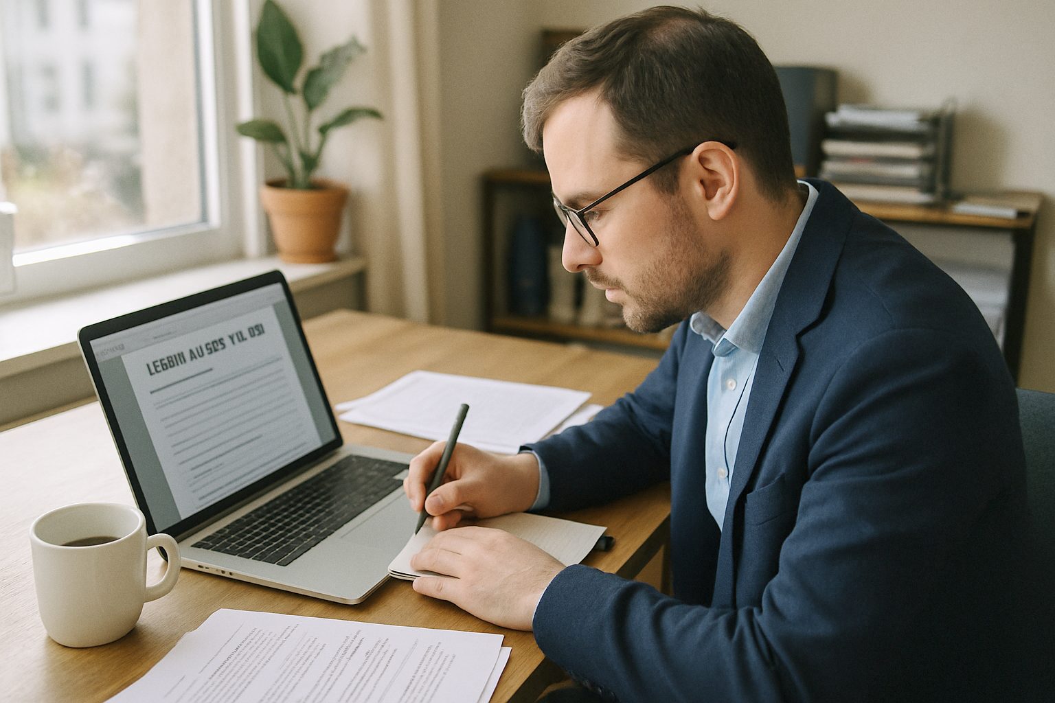 Startup CFO filling out a regulatory filing online at a desk, coffee and notes beside the laptop