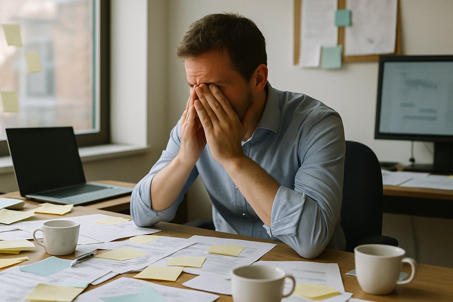 Tired founder rubbing their eyes at a desk covered in notes and coffee cups, late afternoon