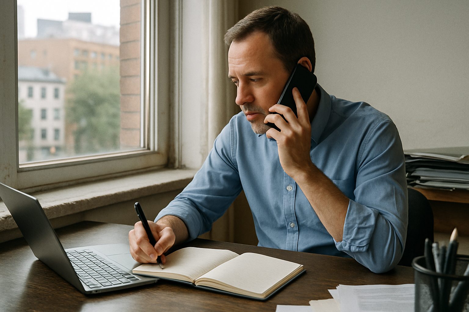 Investor on a phone call taking notes at a desk by a window, notebook open