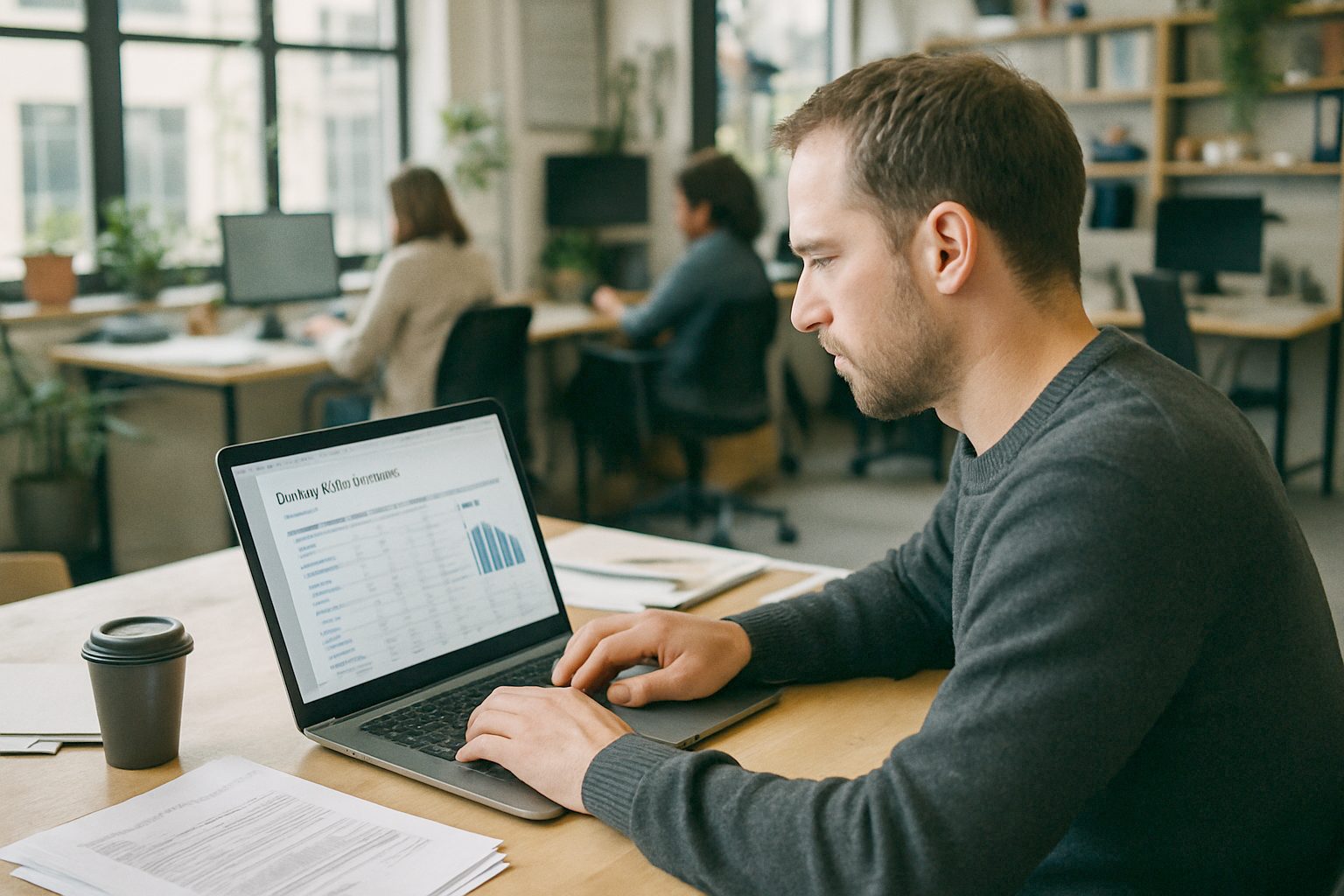 Founder reviewing payroll and compensation data on a laptop at a desk in a startup office