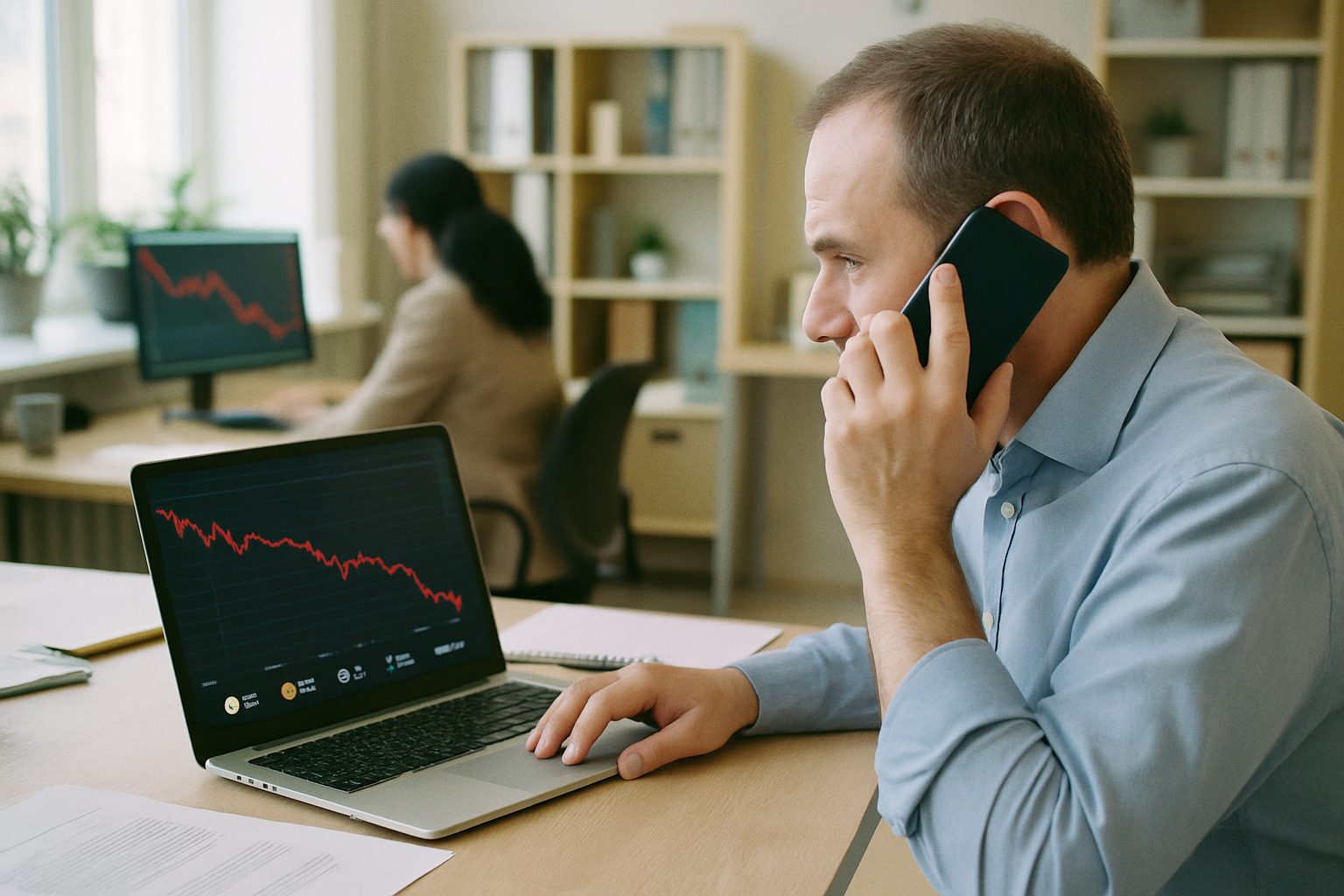 Investors watching crypto prices fall on a laptop in an office, phone pressed to an ear