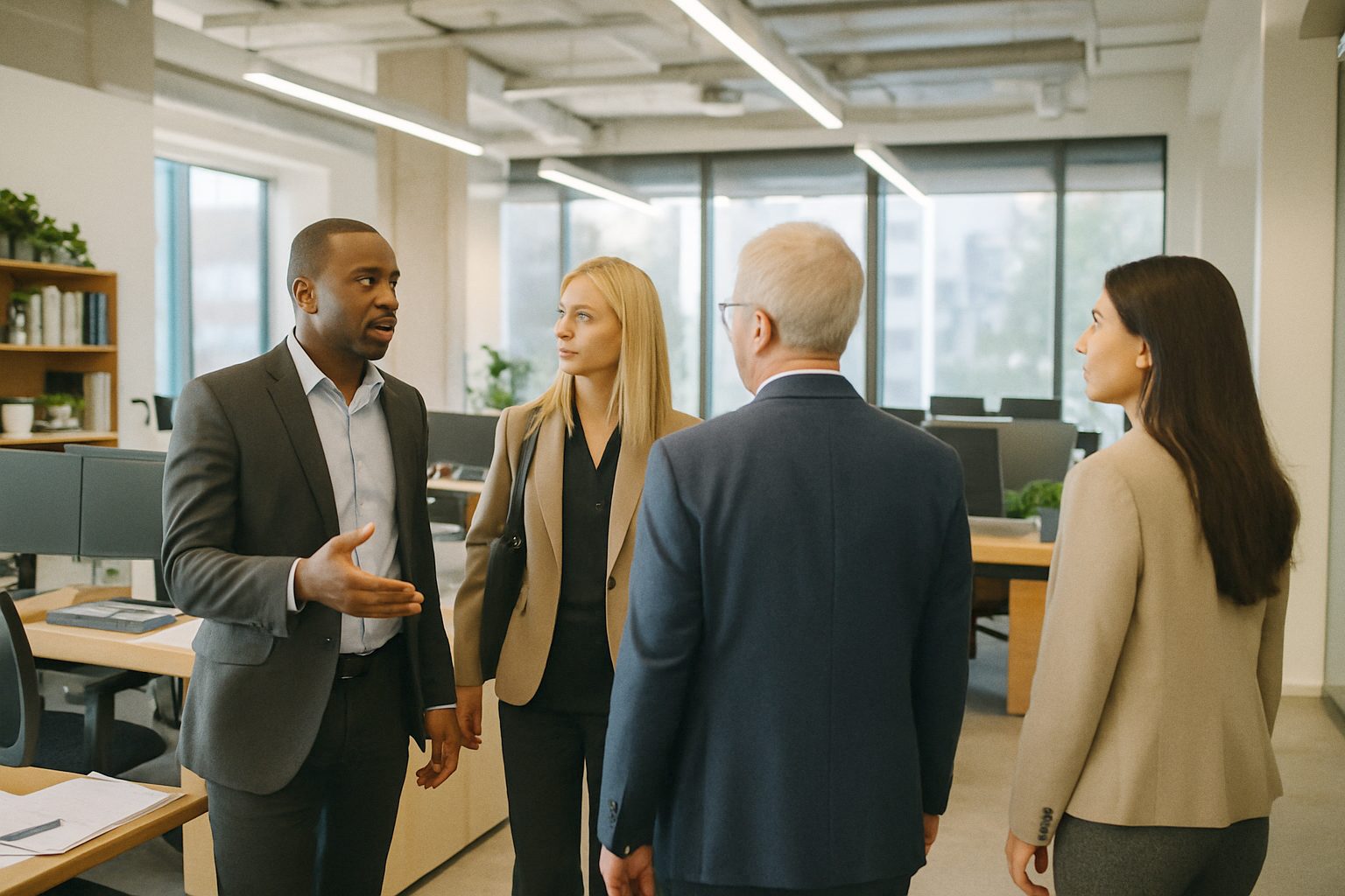 Investors touring the office of a venture capital firm, partners showing them around