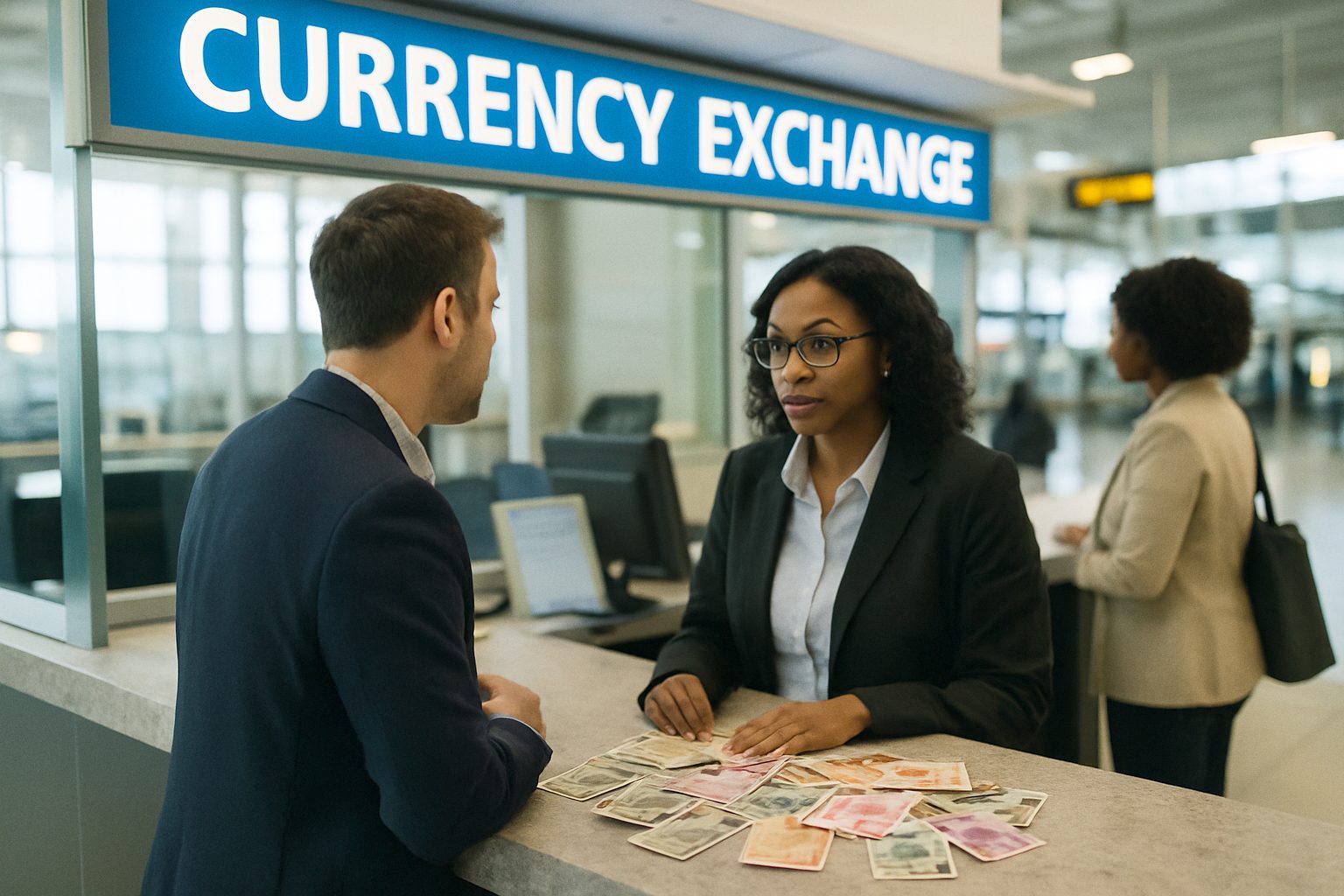 Currency exchange counter at an international airport with banknotes of several countries on the counter