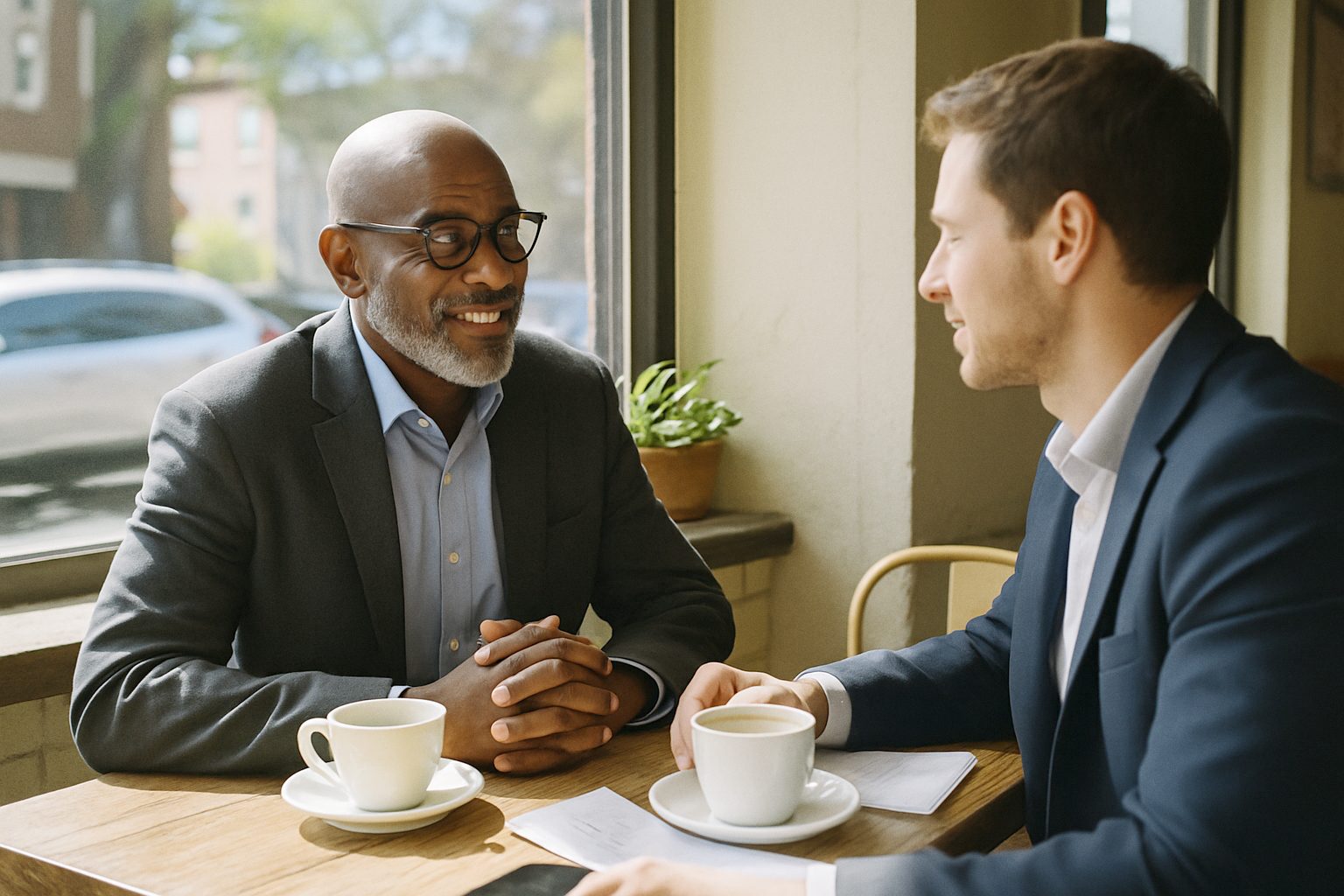 Investor and founder having a friendly coffee chat at a café table by a sunny window