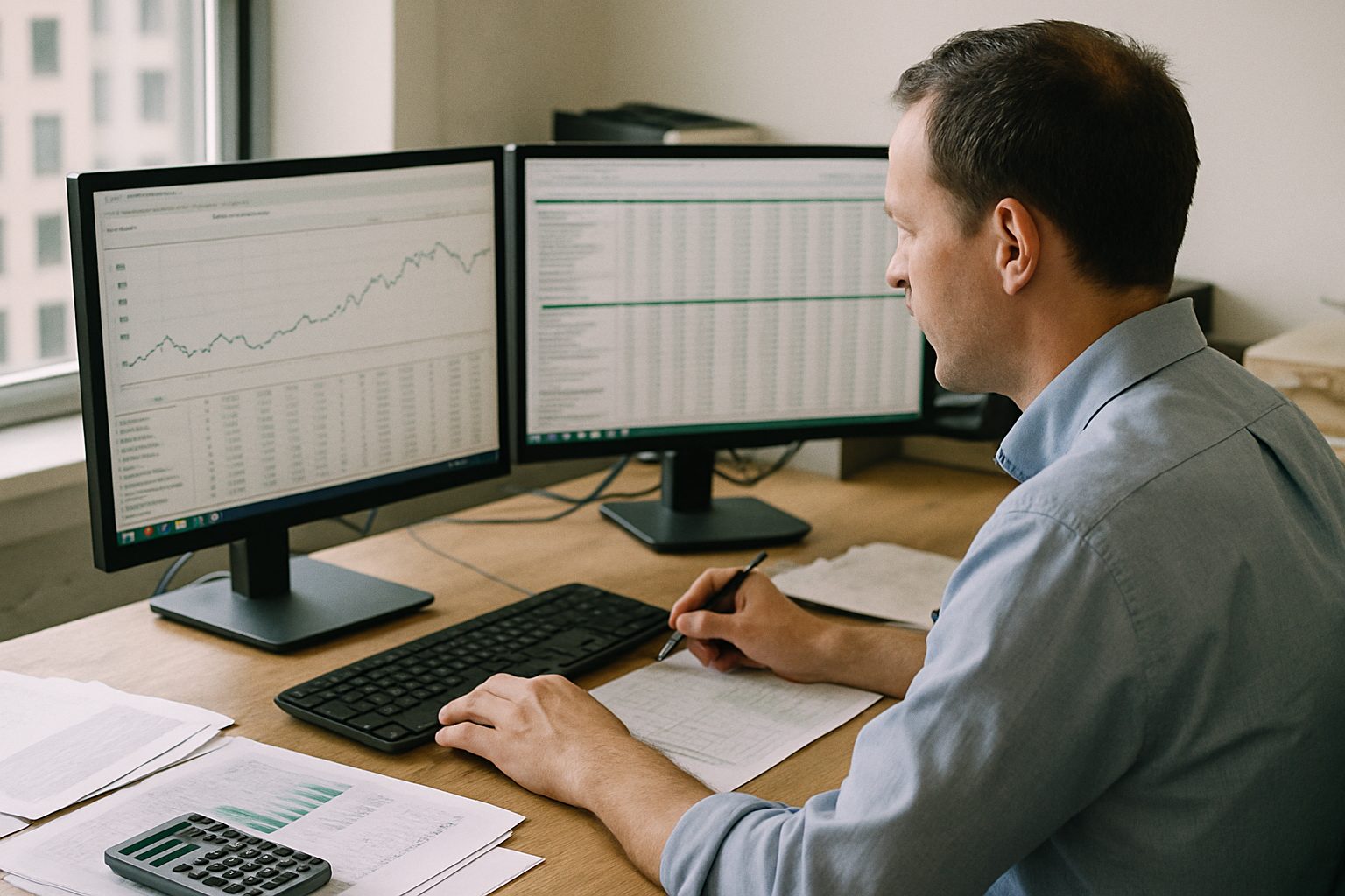 Fund analyst updating portfolio valuations in a spreadsheet on two monitors, office daylight