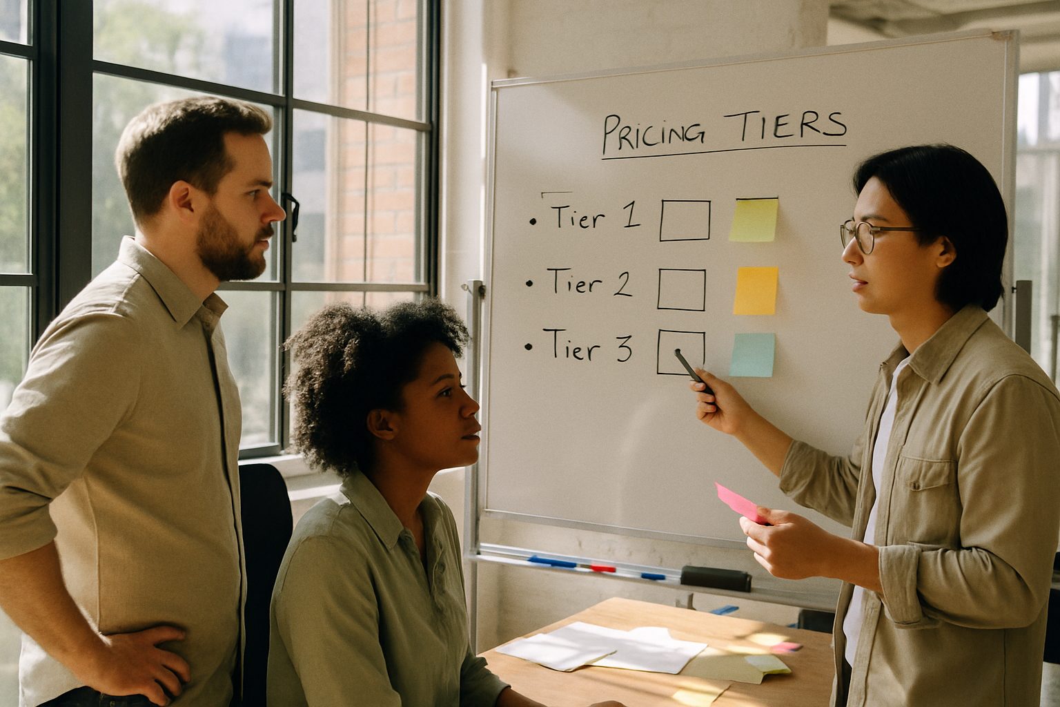 Startup team at a whiteboard planning pricing tiers, sticky notes and markers, sunny office