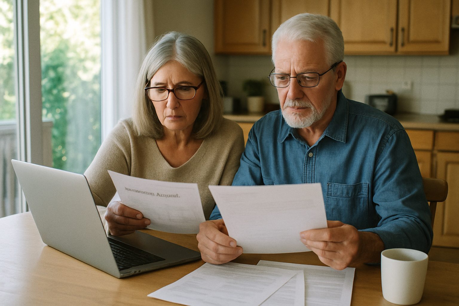 Retired couple reviewing retirement account statements at a sunny kitchen table with a laptop