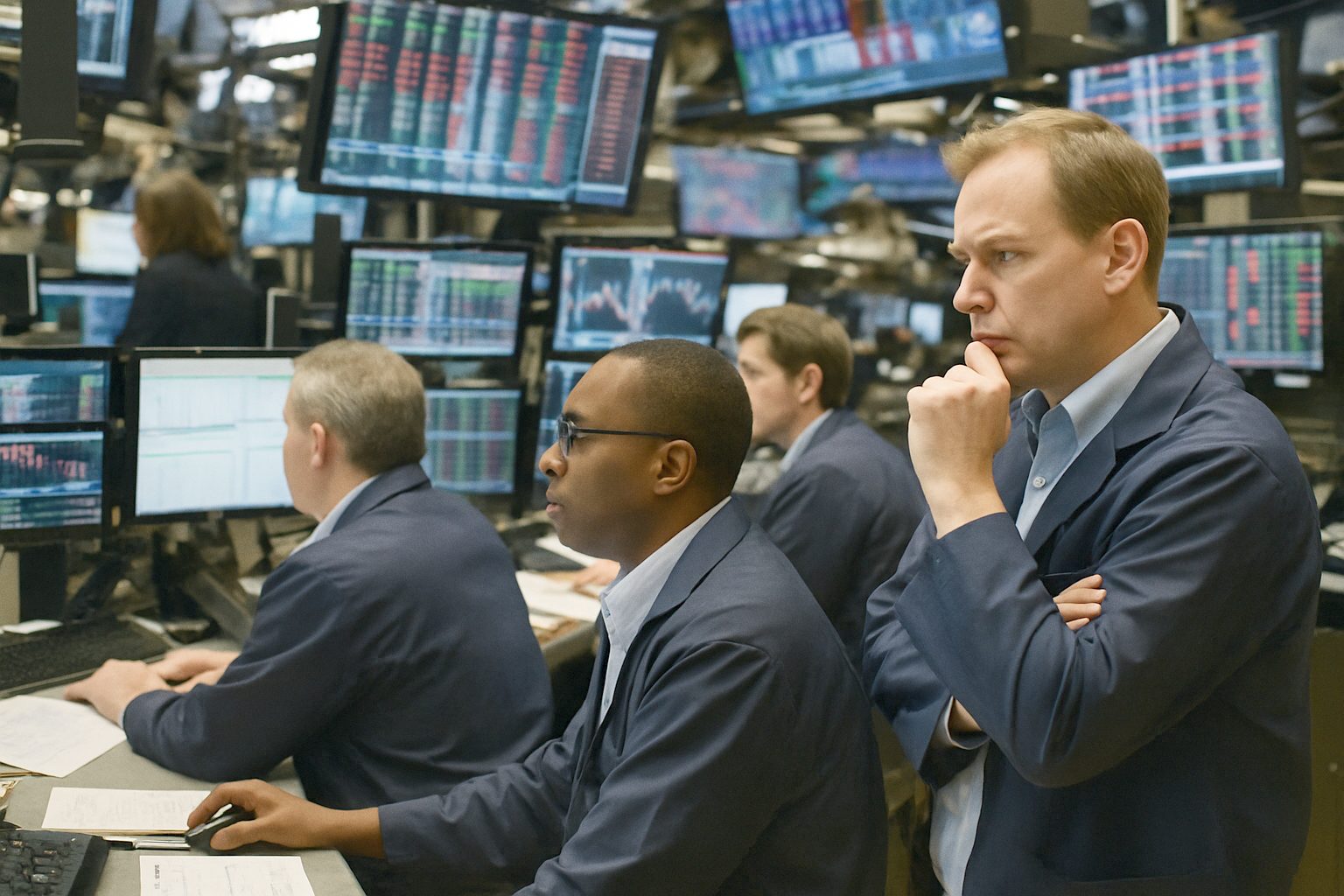 Traders watching screens on a busy stock exchange trading floor during the day