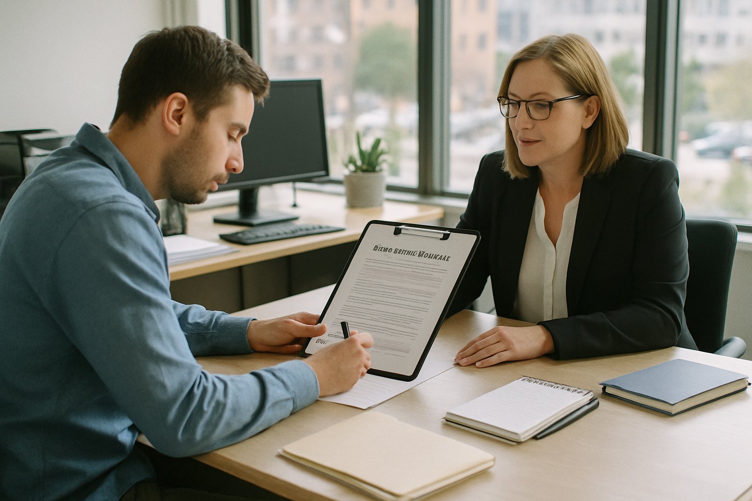 New startup employee signing a stock option agreement with an HR manager at a desk