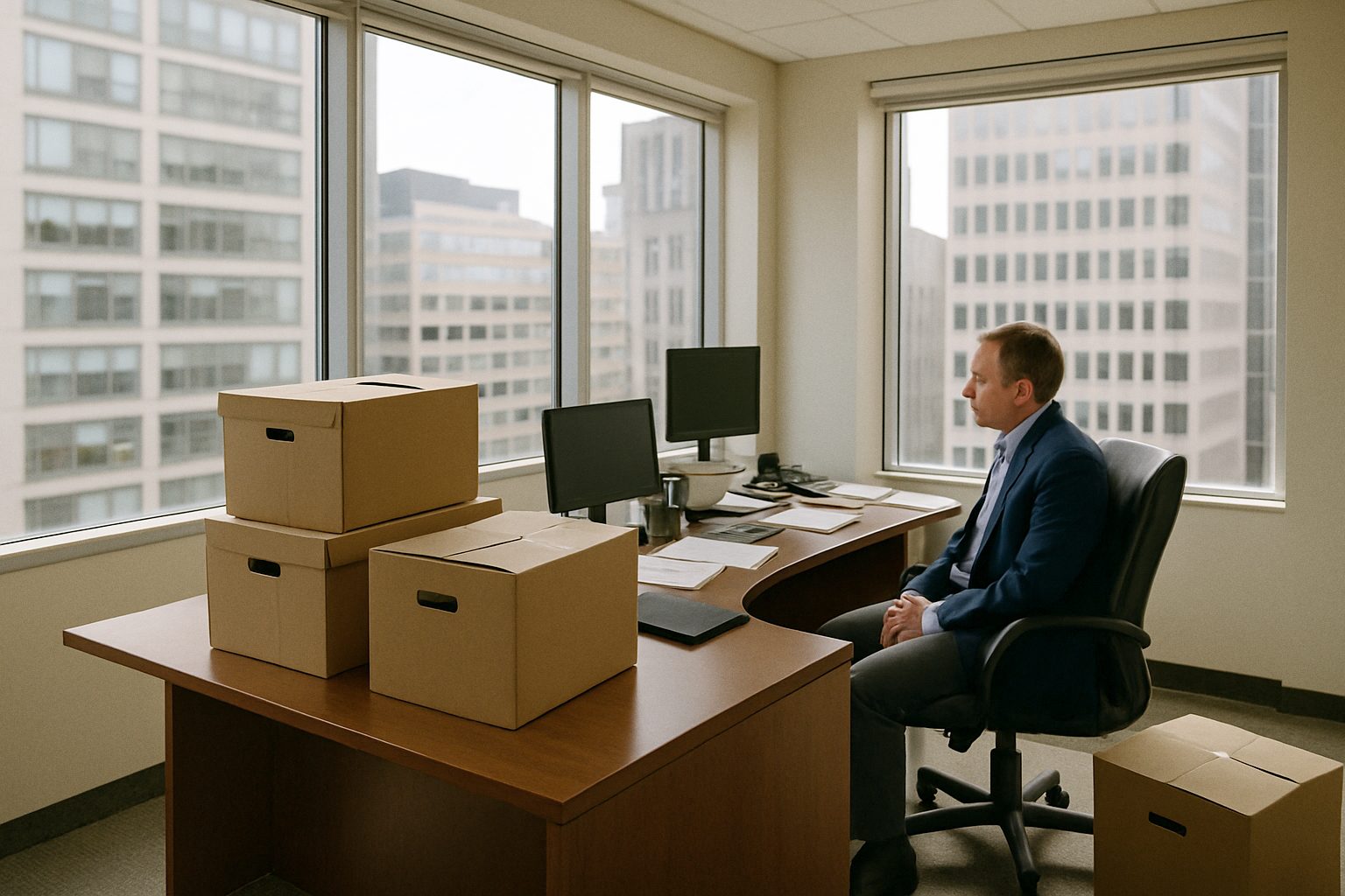 Empty corner office of a fund partner with packed boxes on the desk, daylight through windows