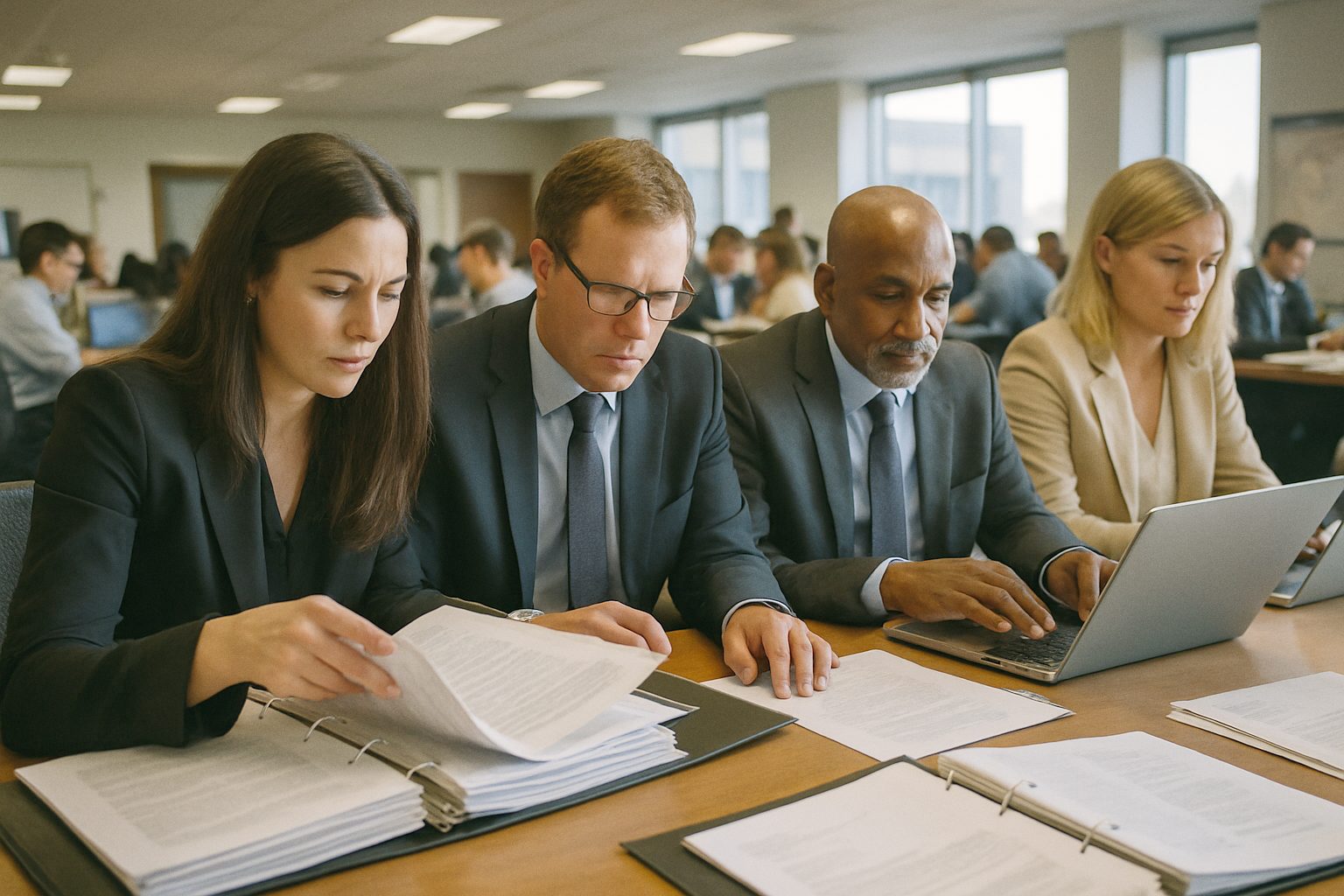 Due diligence team reviewing binders and laptops in a busy conference room late in the day