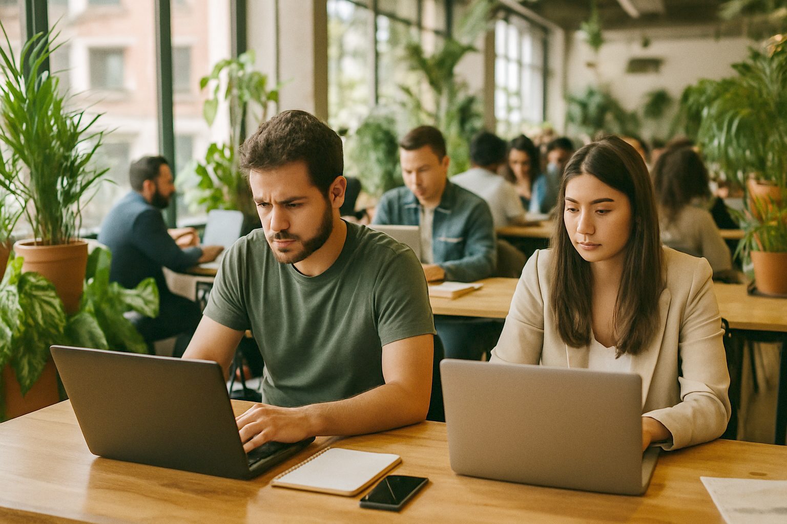 Busy coworking space in a Latin American city, young founders at laptops, daylight and green plants