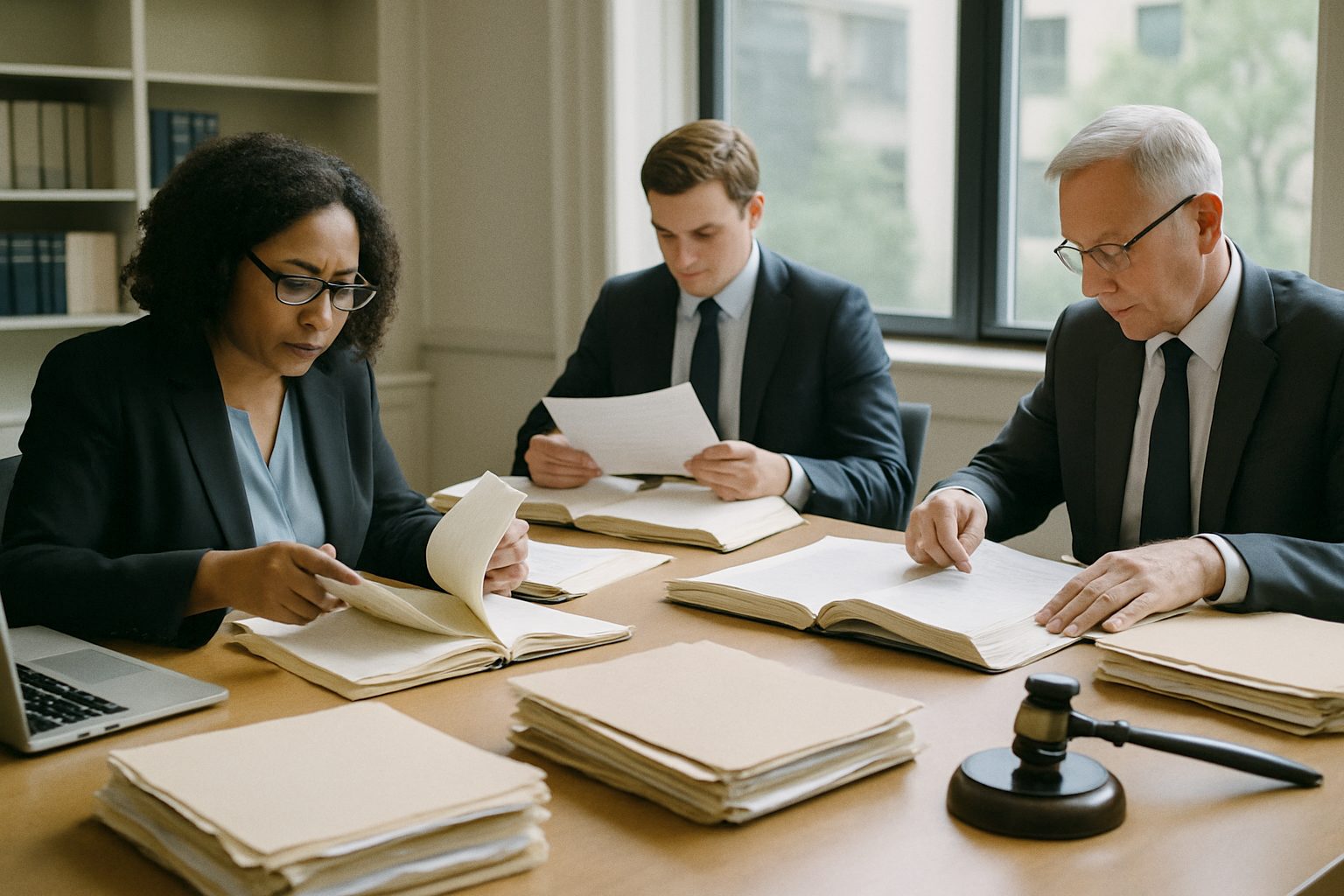 Lawyers preparing case files at a conference table in a bright law firm office