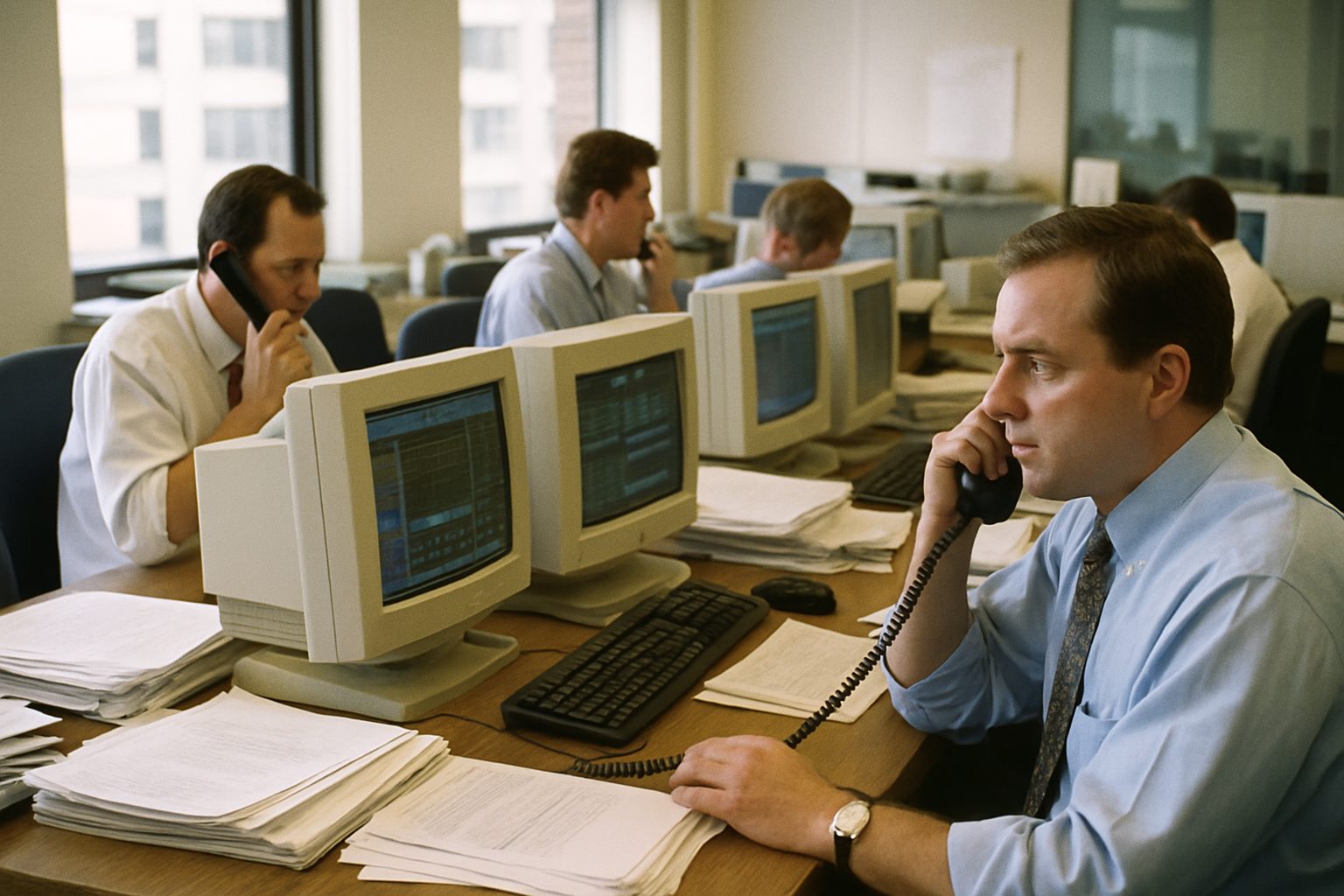 Late-1990s trading desk with CRT monitors and traders on phones, office daylight