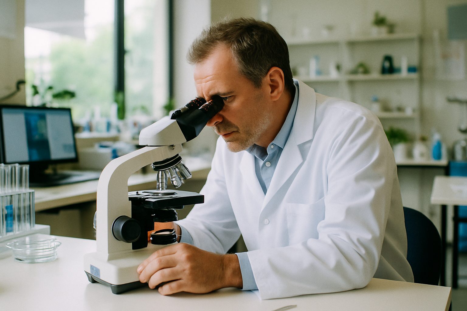 Researcher in a lab coat looking through a microscope in a bright biology laboratory
