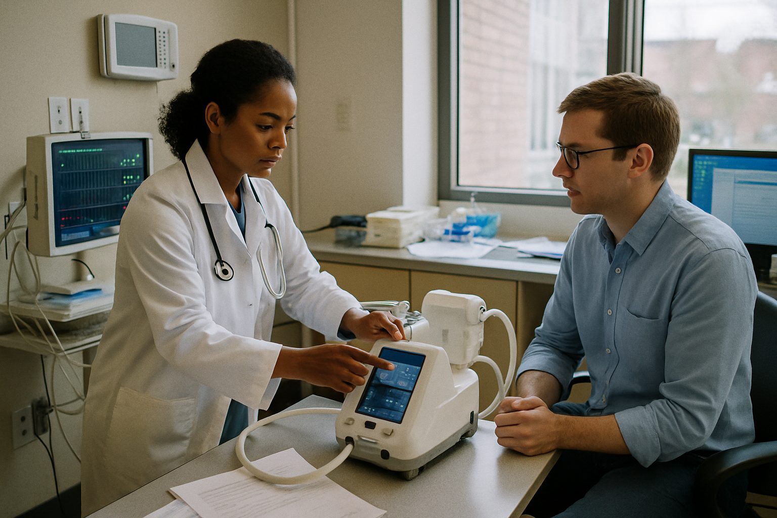 Clinician testing a medical device prototype with an engineer in a hospital testing room