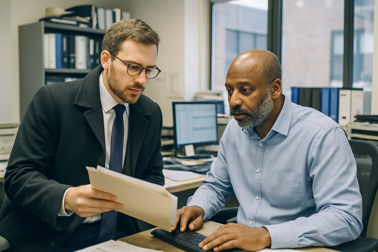 Auditor reviewing a fund's back-office files and computer systems with an operations manager