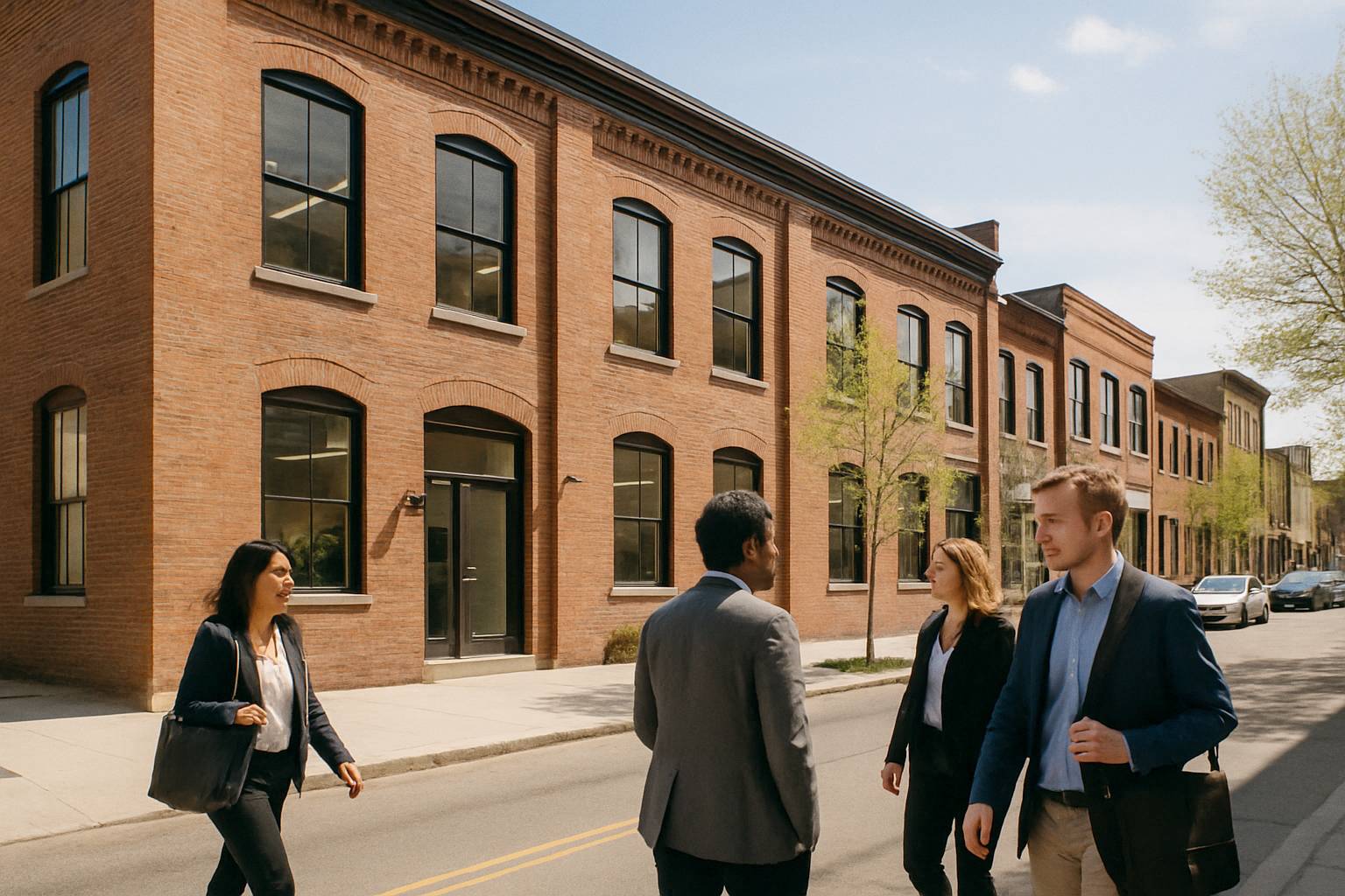 Renovated brick warehouse turned startup offices on a revitalised city street, sunny day
