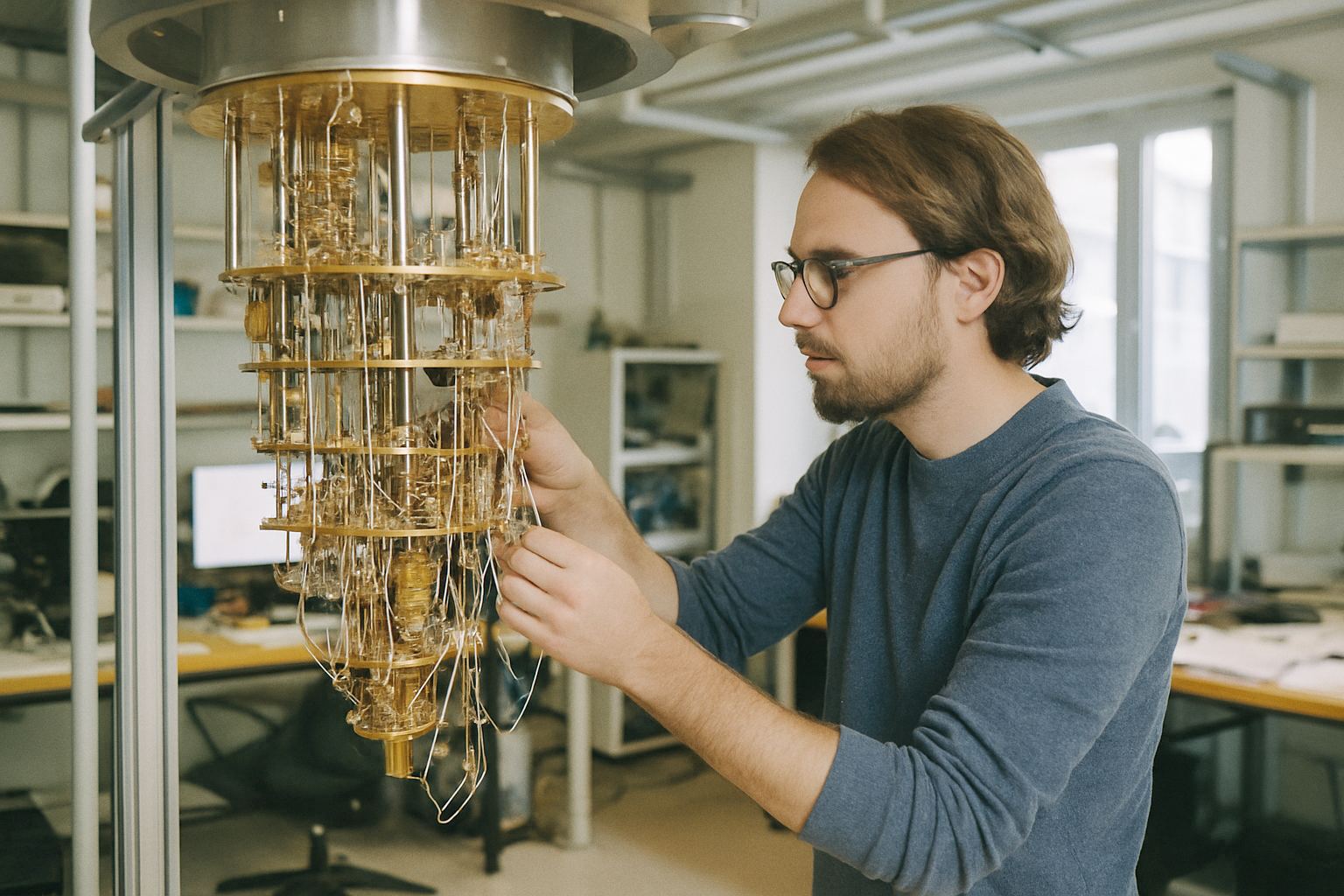 Physicist adjusting wiring on a quantum computer cryostat in a well-lit university lab