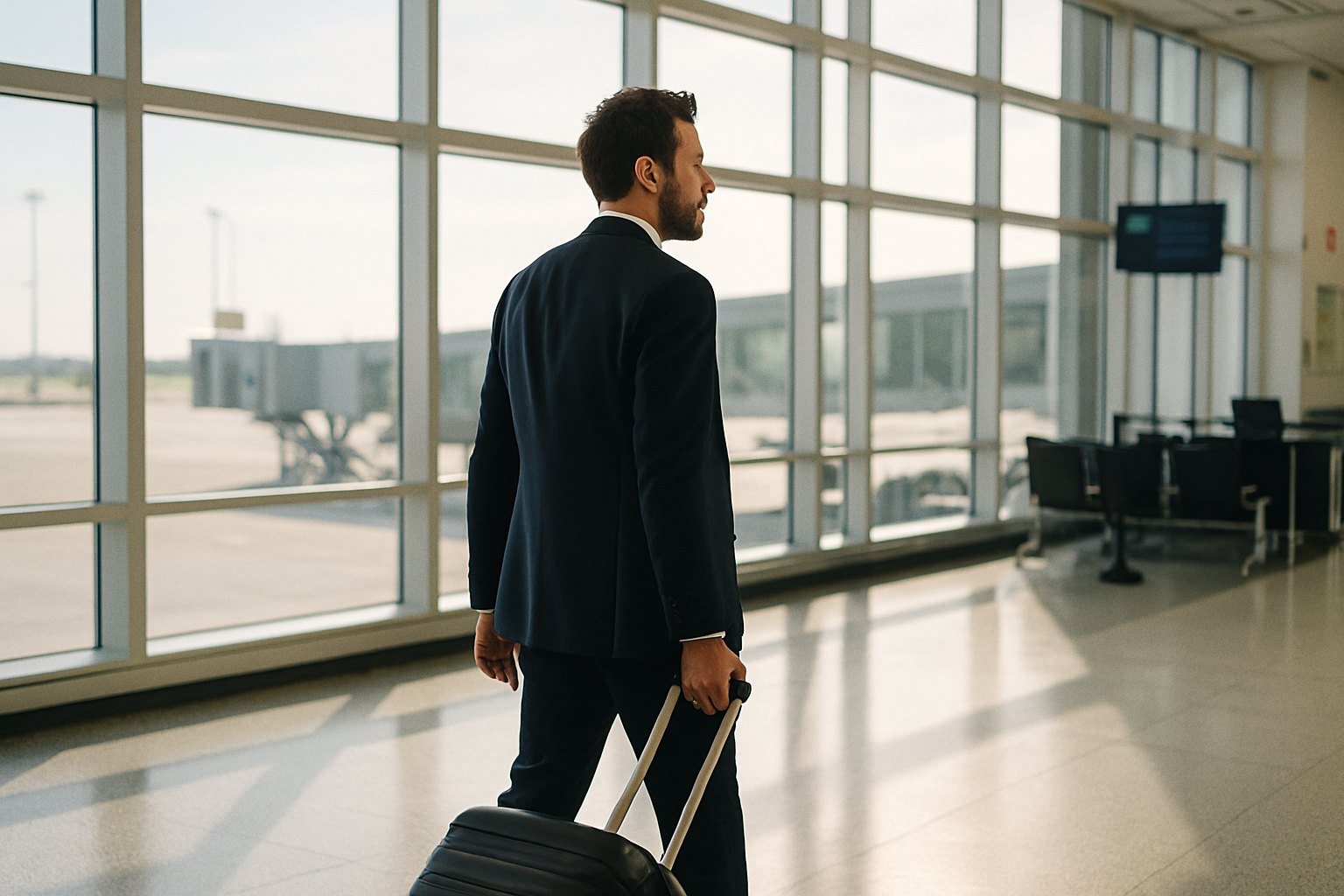 Founder with carry-on luggage walking through a bright airport terminal, departure gate windows behind