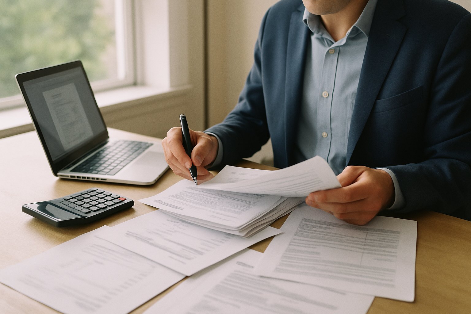 Accountant reviewing invoices and contracts on a desk with a laptop and calculator