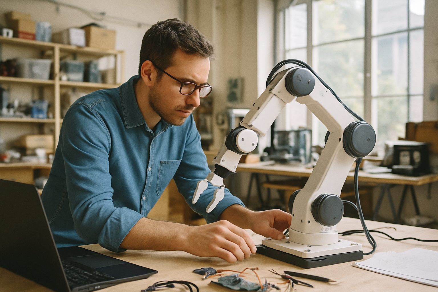 Engineer testing a robotic arm prototype on a workbench in a bright startup workshop