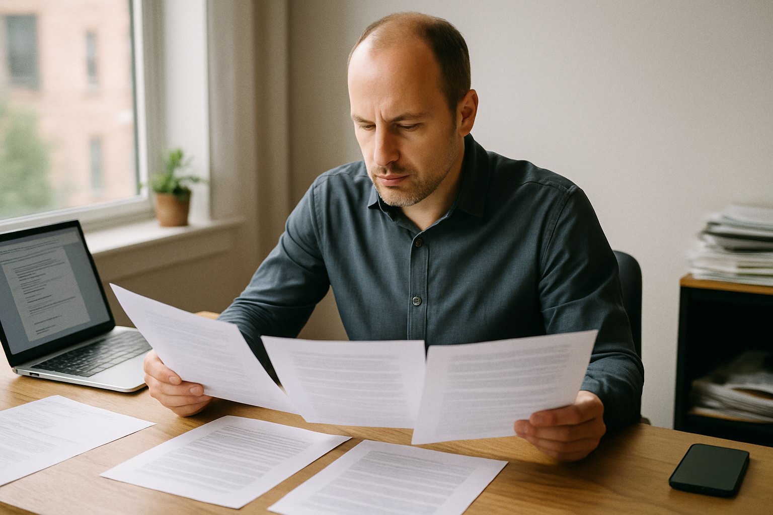 Founder at a desk comparing several printed term sheets side by side, laptop open, daylight