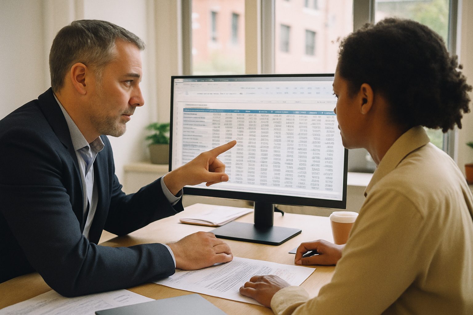 Founder and CFO working through a financial forecast spreadsheet on a large monitor