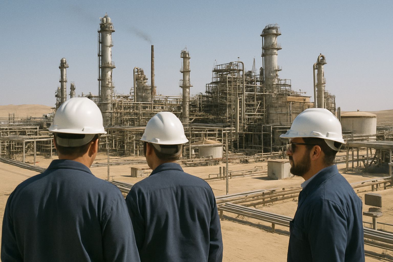 Oil refinery in the Saudi desert on a clear day with workers in hard hats