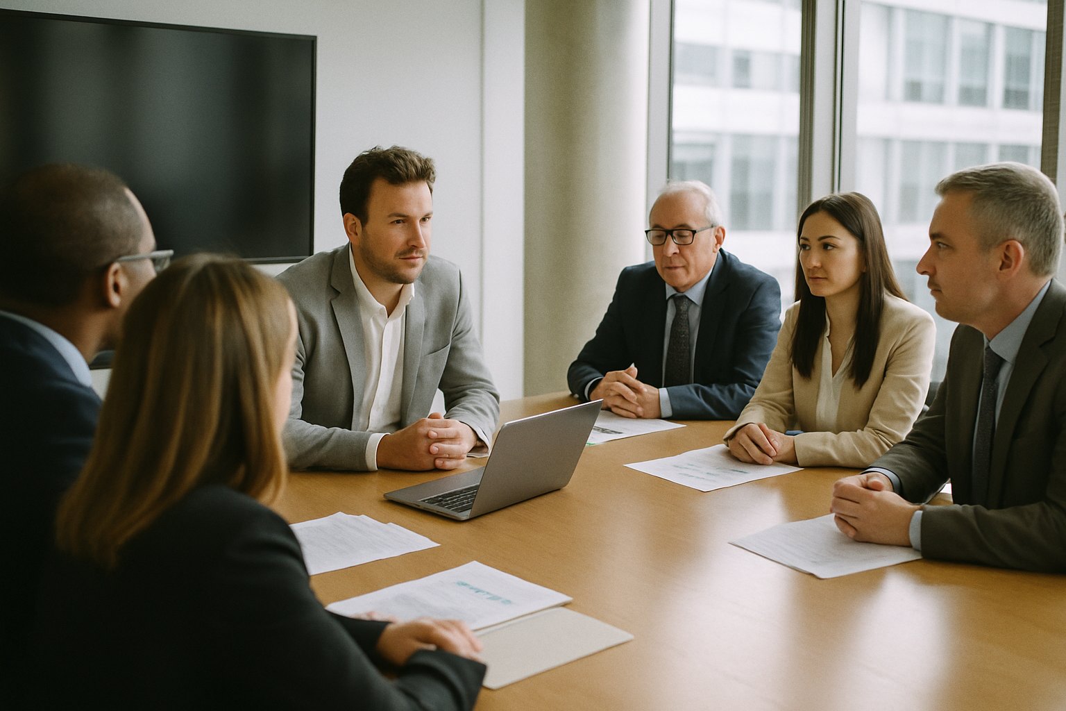 Founder meeting potential buyers in a conference room, two separate groups across the table