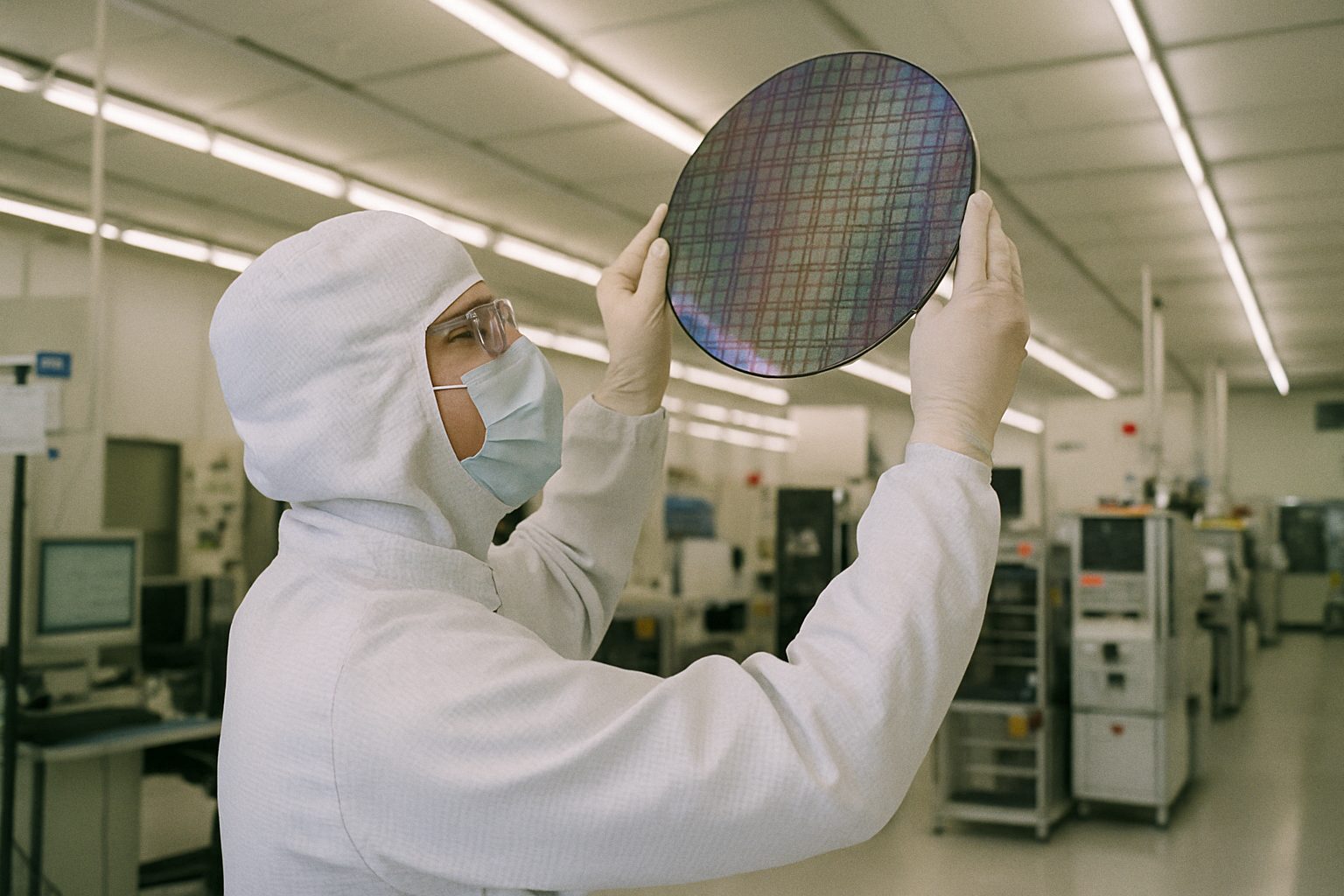 Engineer in a cleanroom suit holding a silicon wafer up to the light in a chip fabrication facility