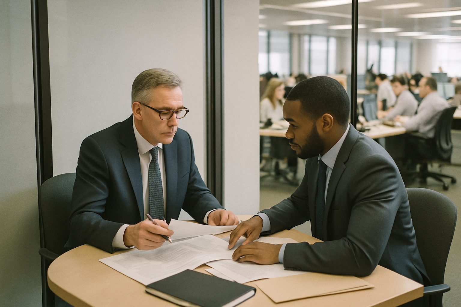 Two lawyers in a private side meeting room going over documents, glass wall to a busy office