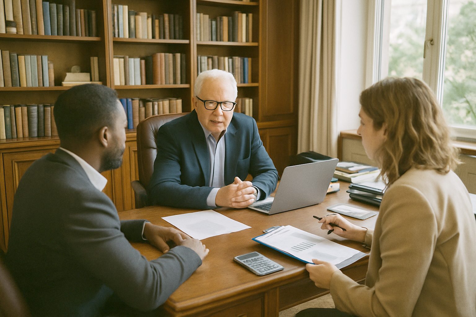 Small family office team meeting in an elegant private office with bookshelves and daylight