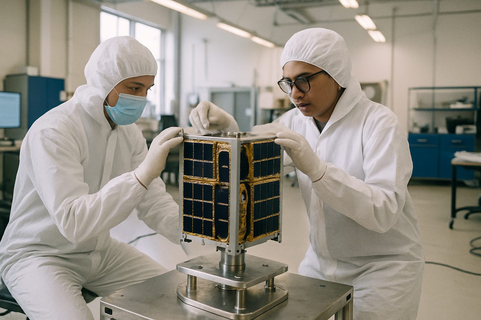 Engineers in a bright clean room assembling a small satellite on a test stand