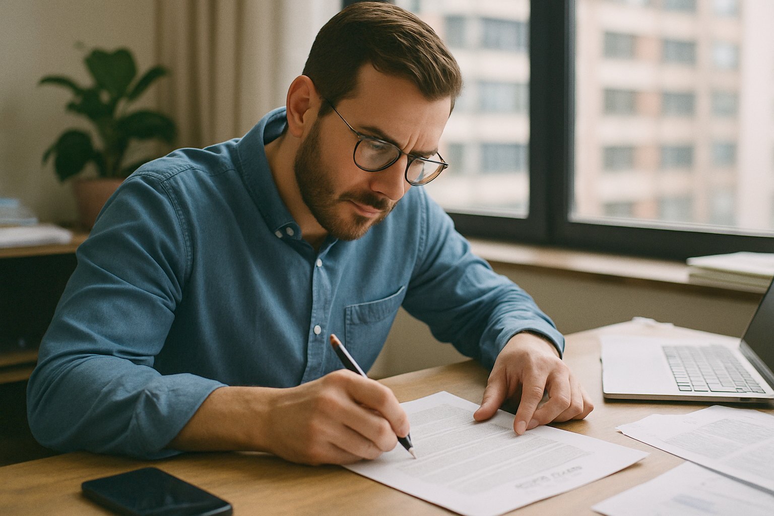 Founder reading the fine print of a term sheet at a desk, pen in hand, window light