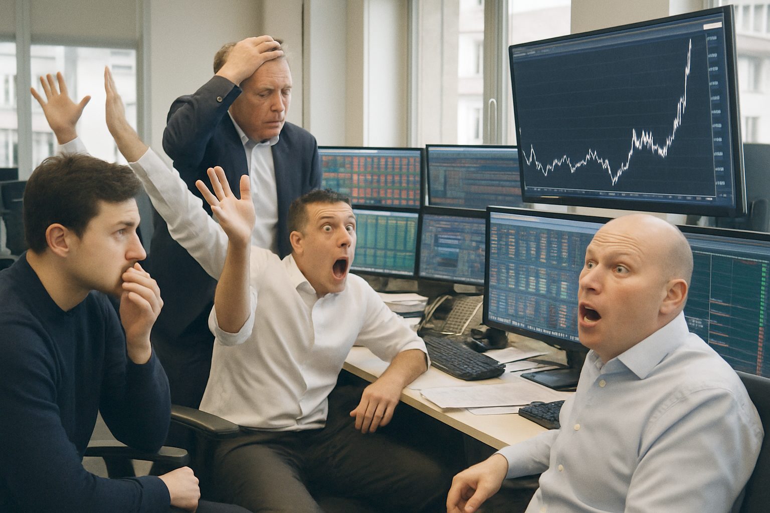 Traders reacting to a sudden price spike on screens in a European trading room