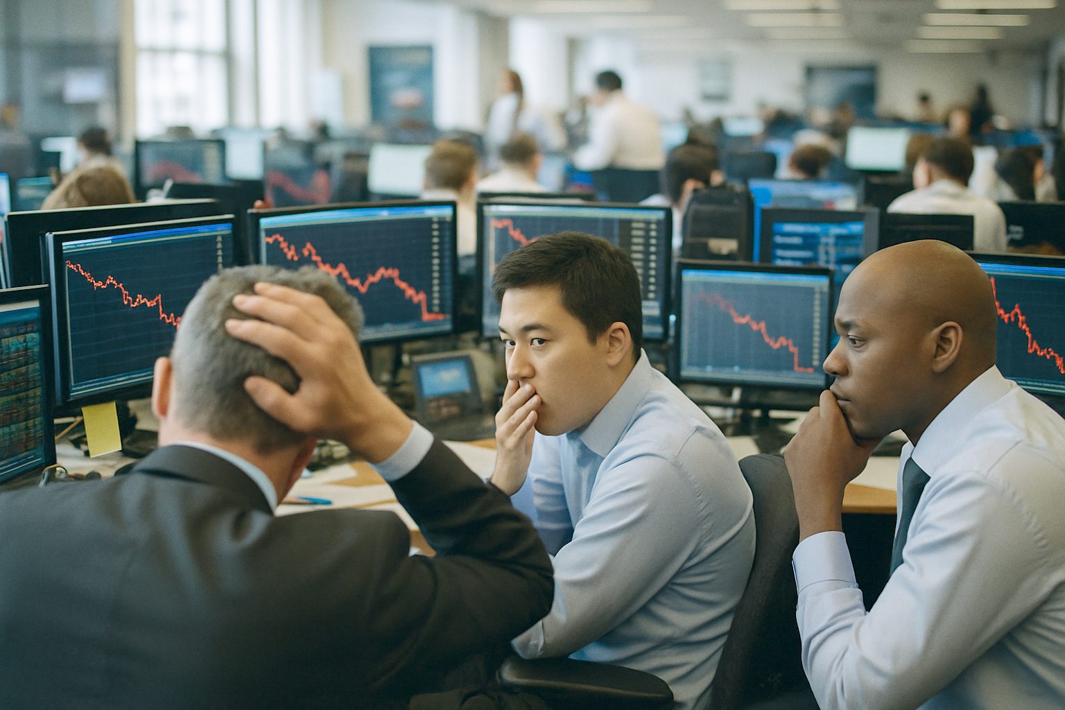 Stock traders staring at falling prices on multiple monitors in a busy trading room