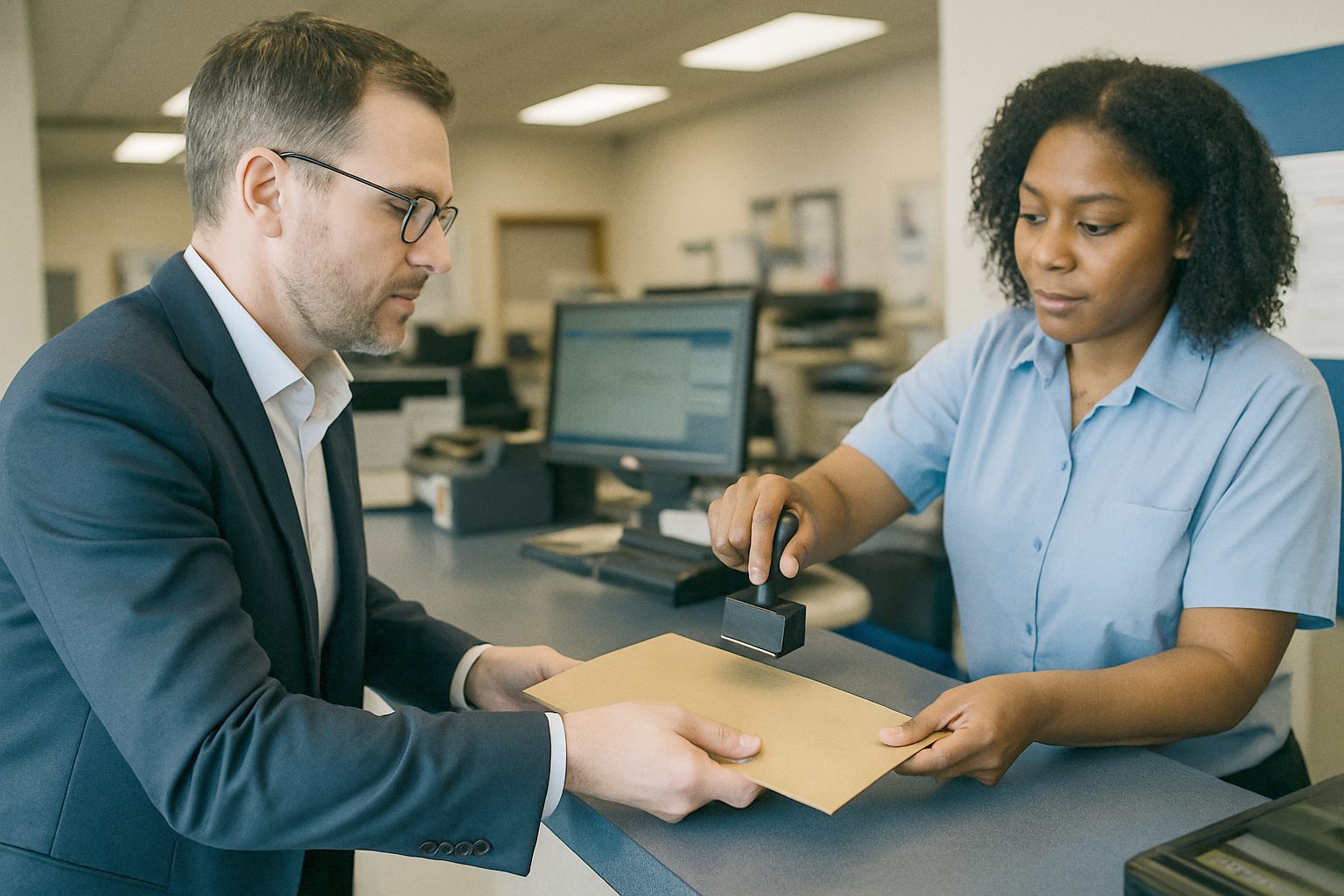 Founder at a post office counter mailing an important envelope, clerk stamping it