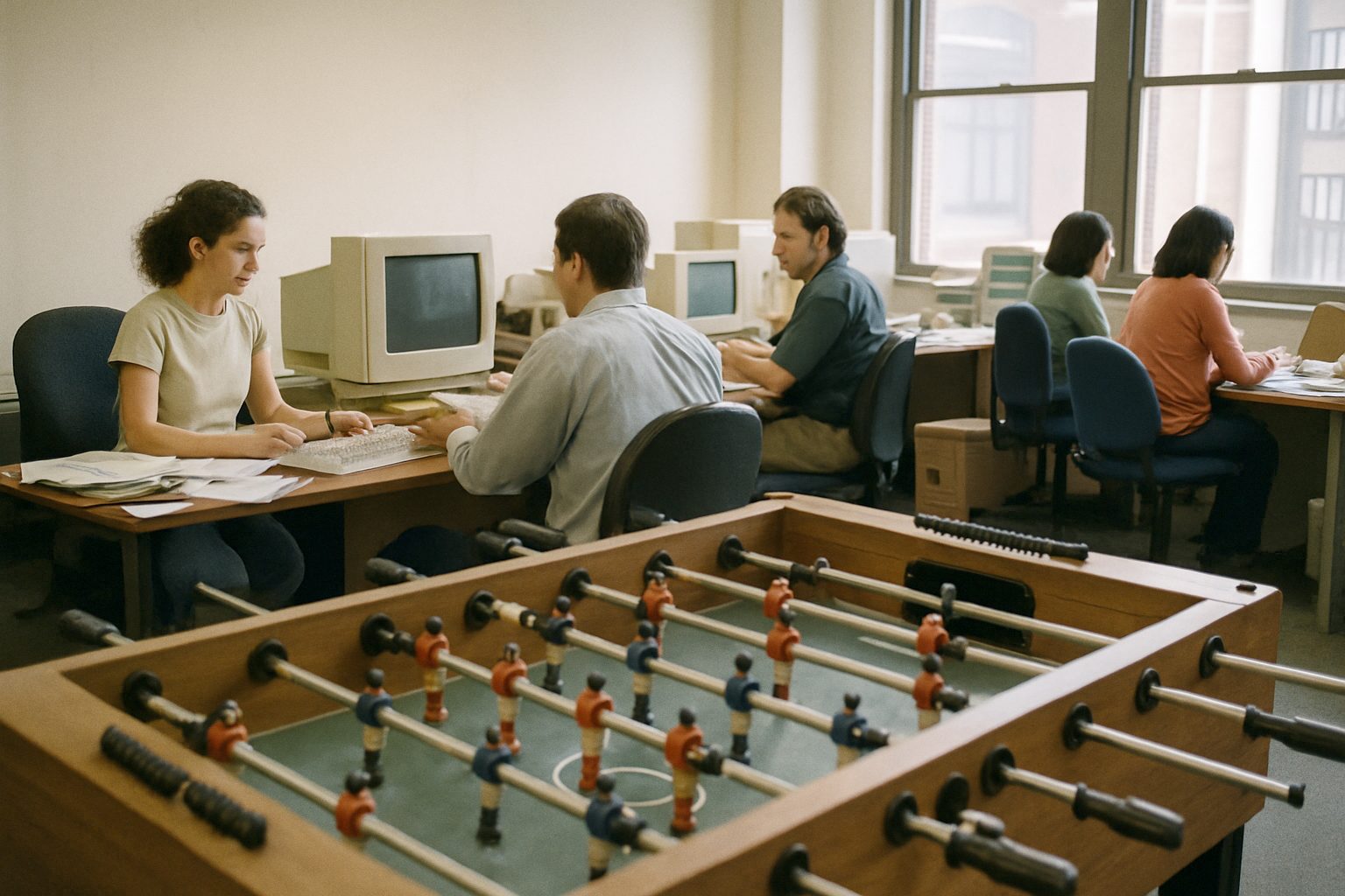 Late-1990s startup office with beige computers and an empty foosball table