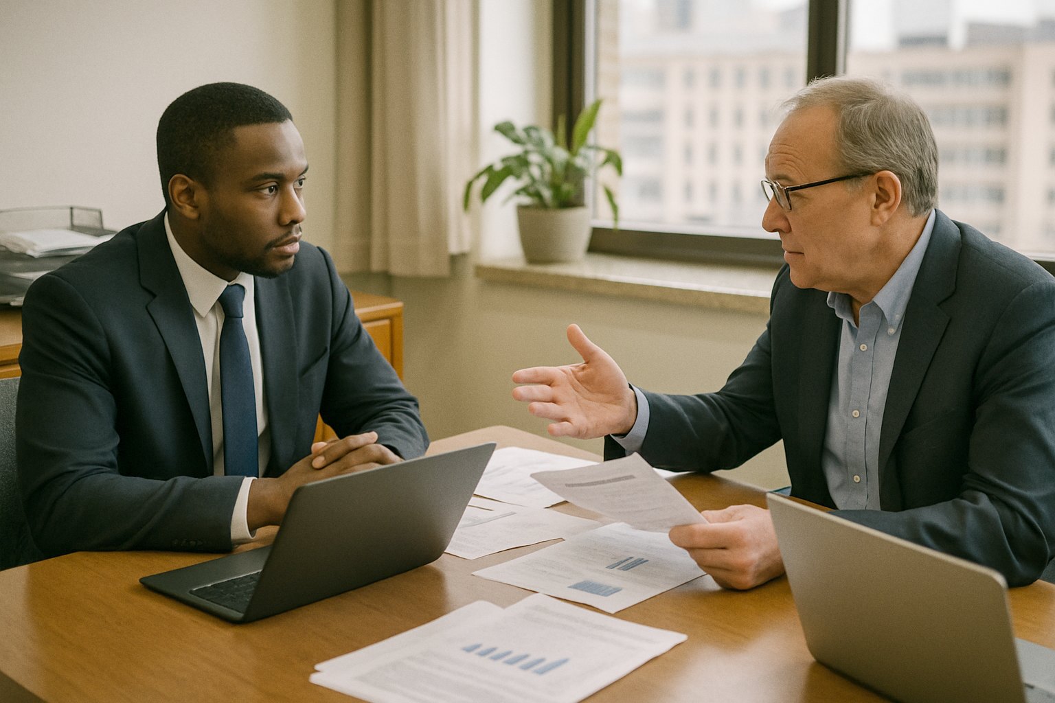 Two investors negotiating across a table in a private office, documents and laptops between them