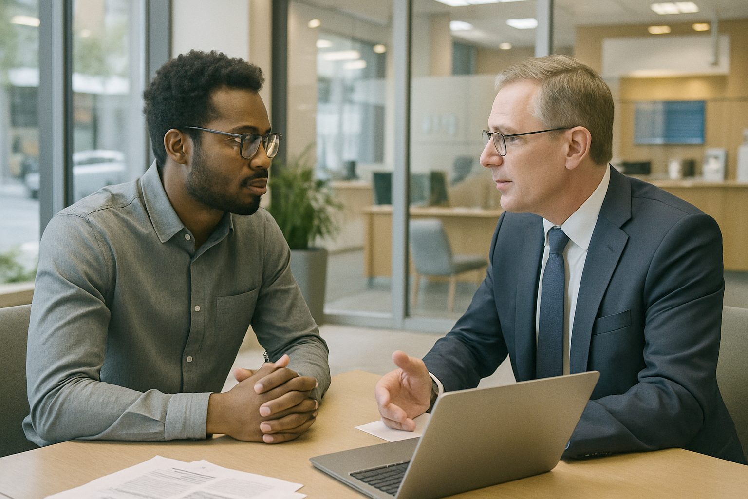Startup CFO meeting a banker in a modern bank branch, laptop open on the desk