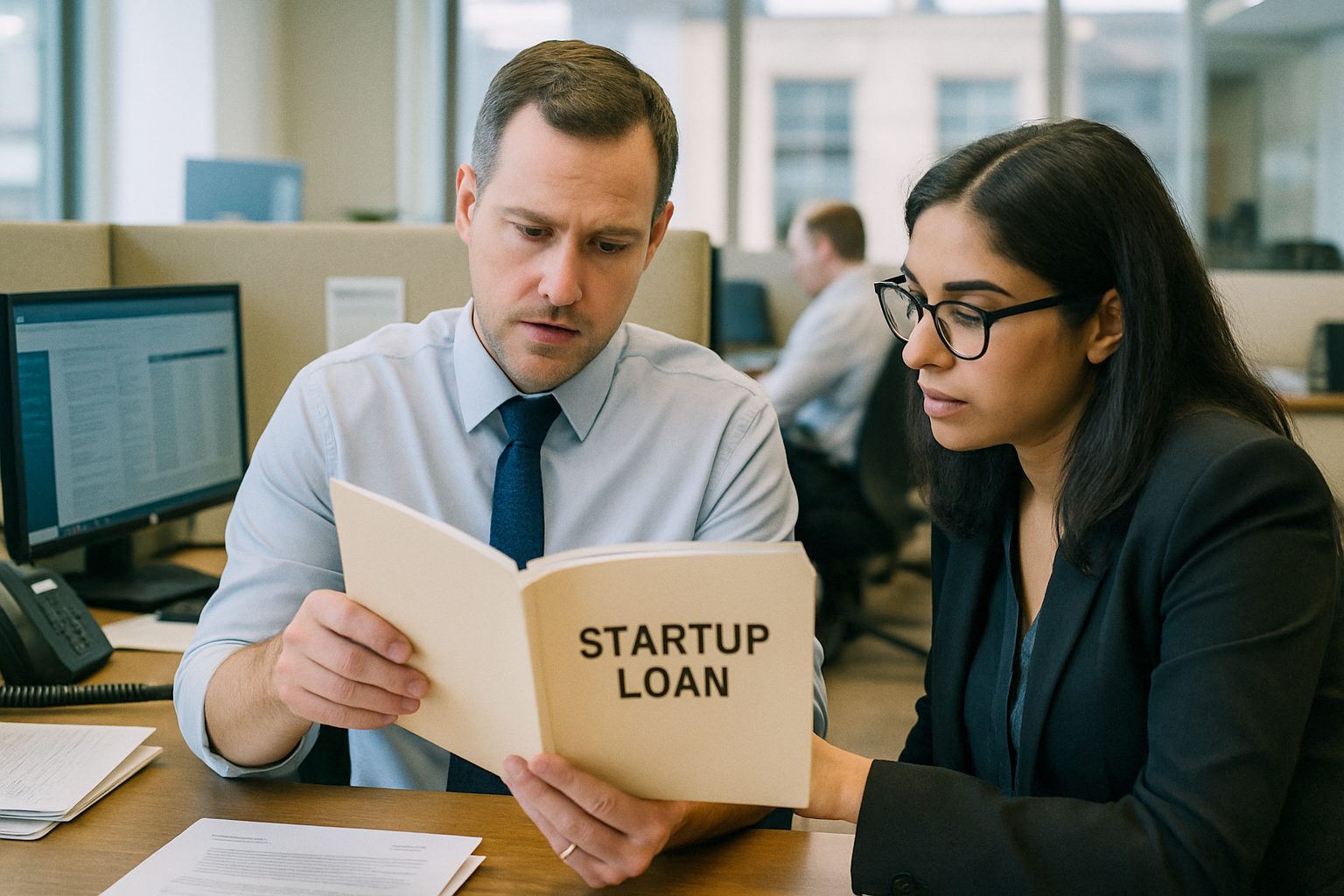 Credit analyst reviewing a startup loan file with a colleague in a bank office