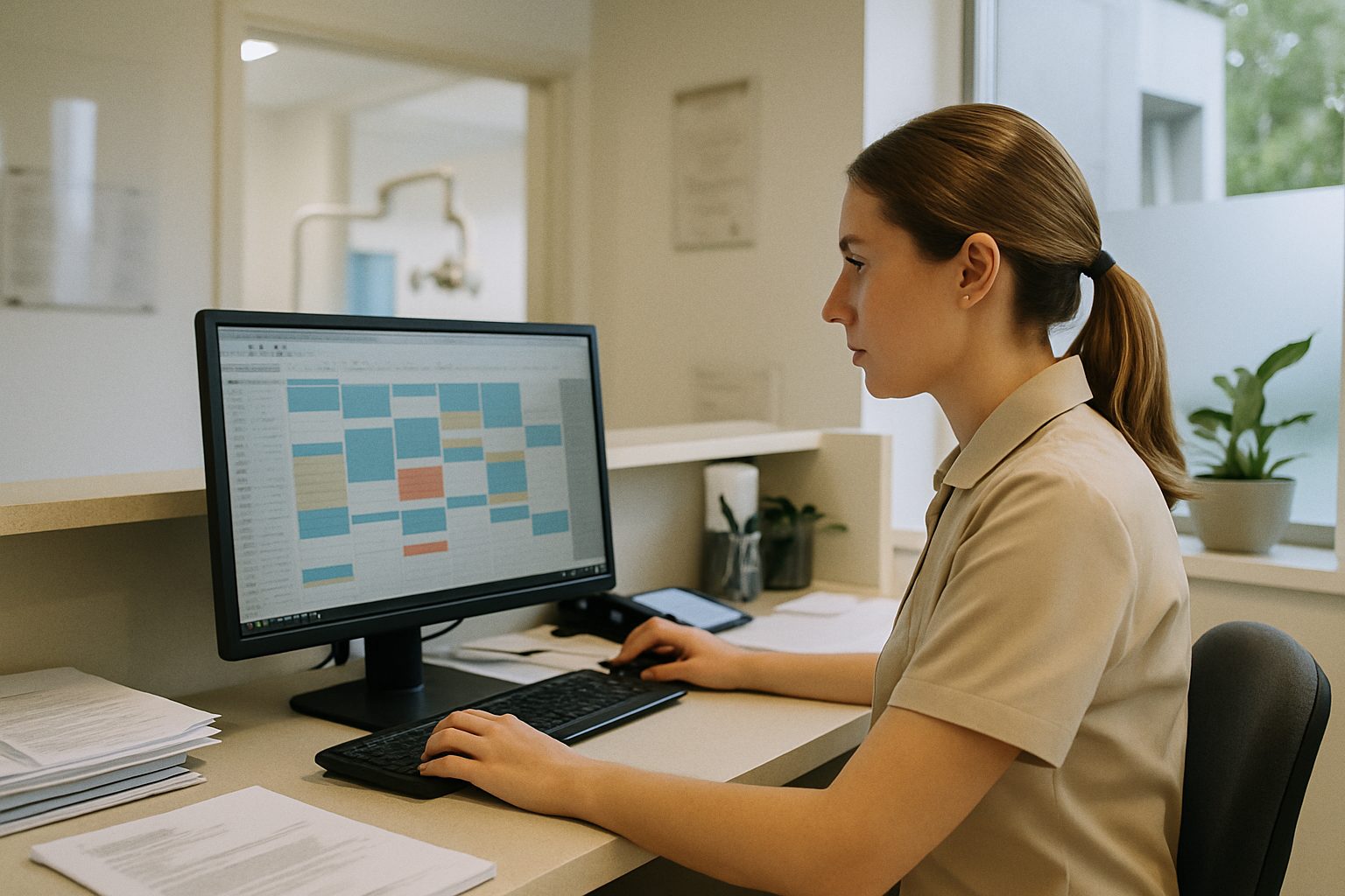 Dental clinic receptionist using specialised scheduling software on a computer at a bright front desk